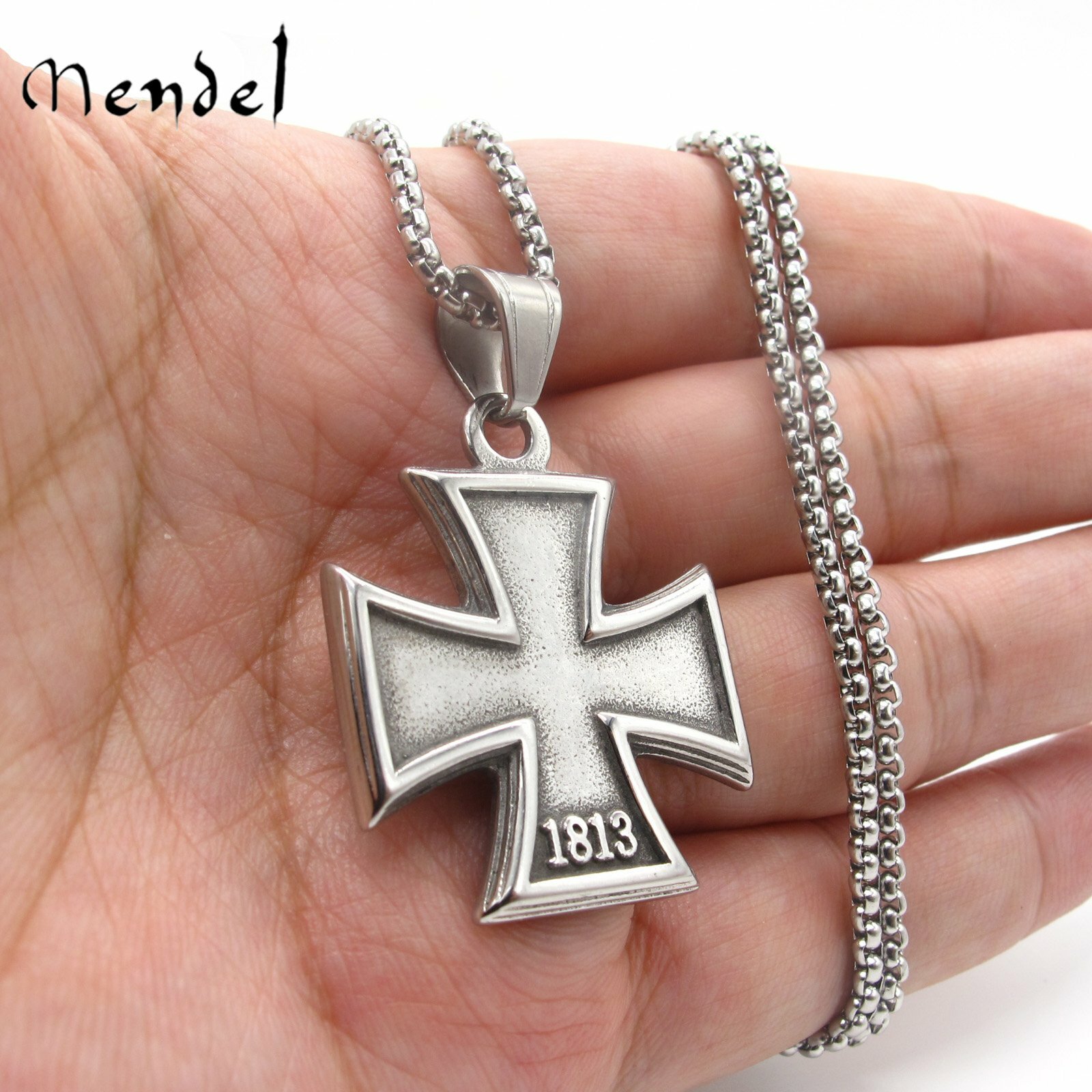 MENDEL Mens Stainless Steel 1813 1939 WW2 German Iron Cross Pendant Necklace Men