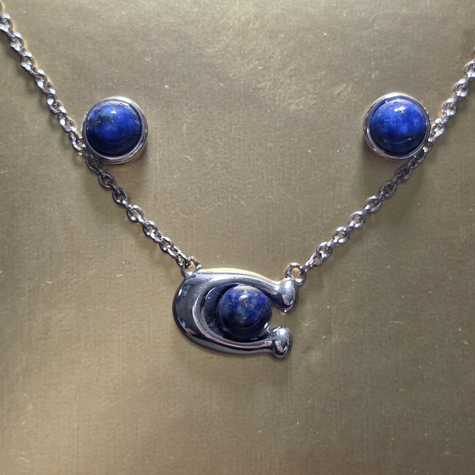 Coach Women’s Blue Semi Precious Stone Necklace Earrings Set Boxed NIB