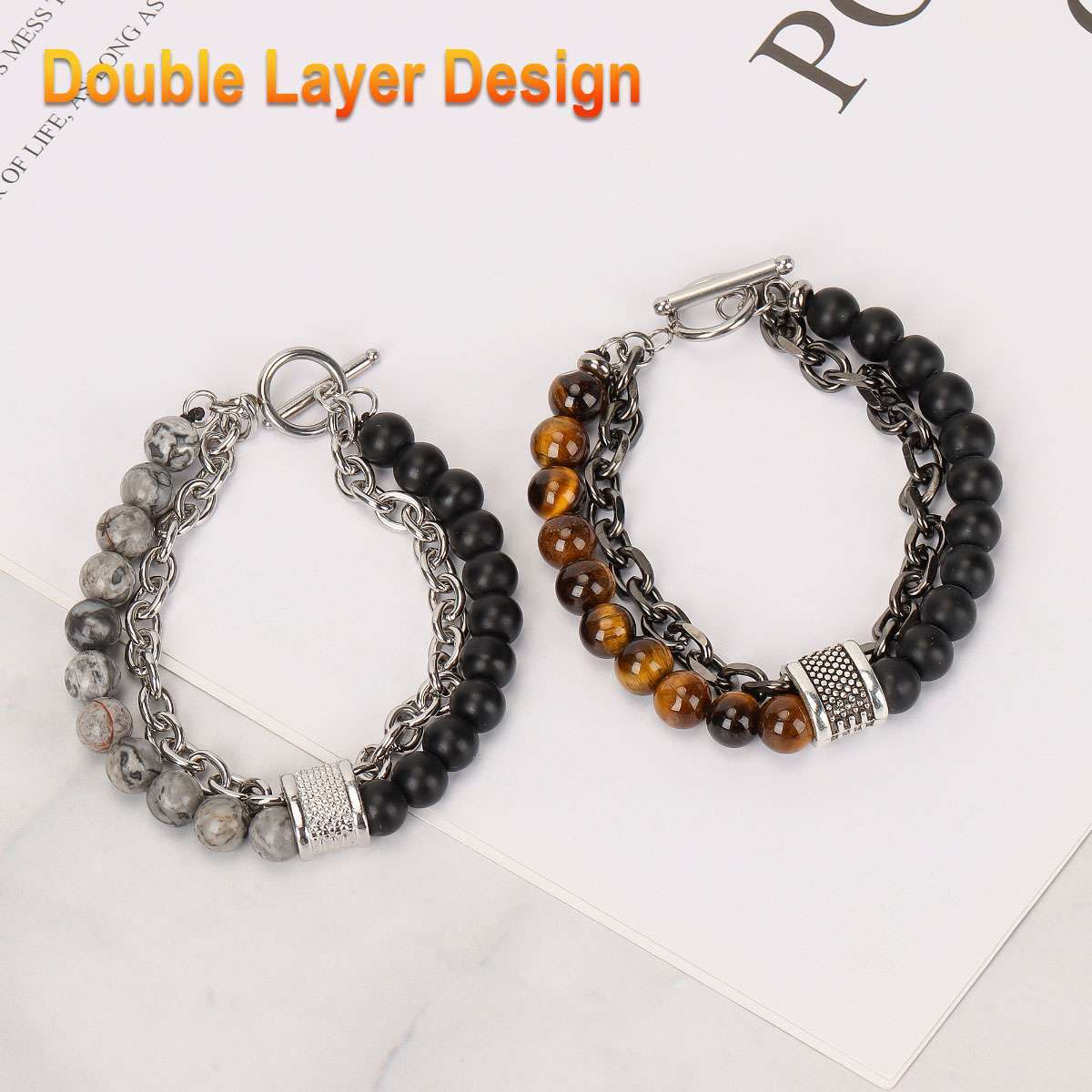 Stainless Steel Bracelets Natural Map Stone Men’s Women Beaded Tiger Eye Jewelry