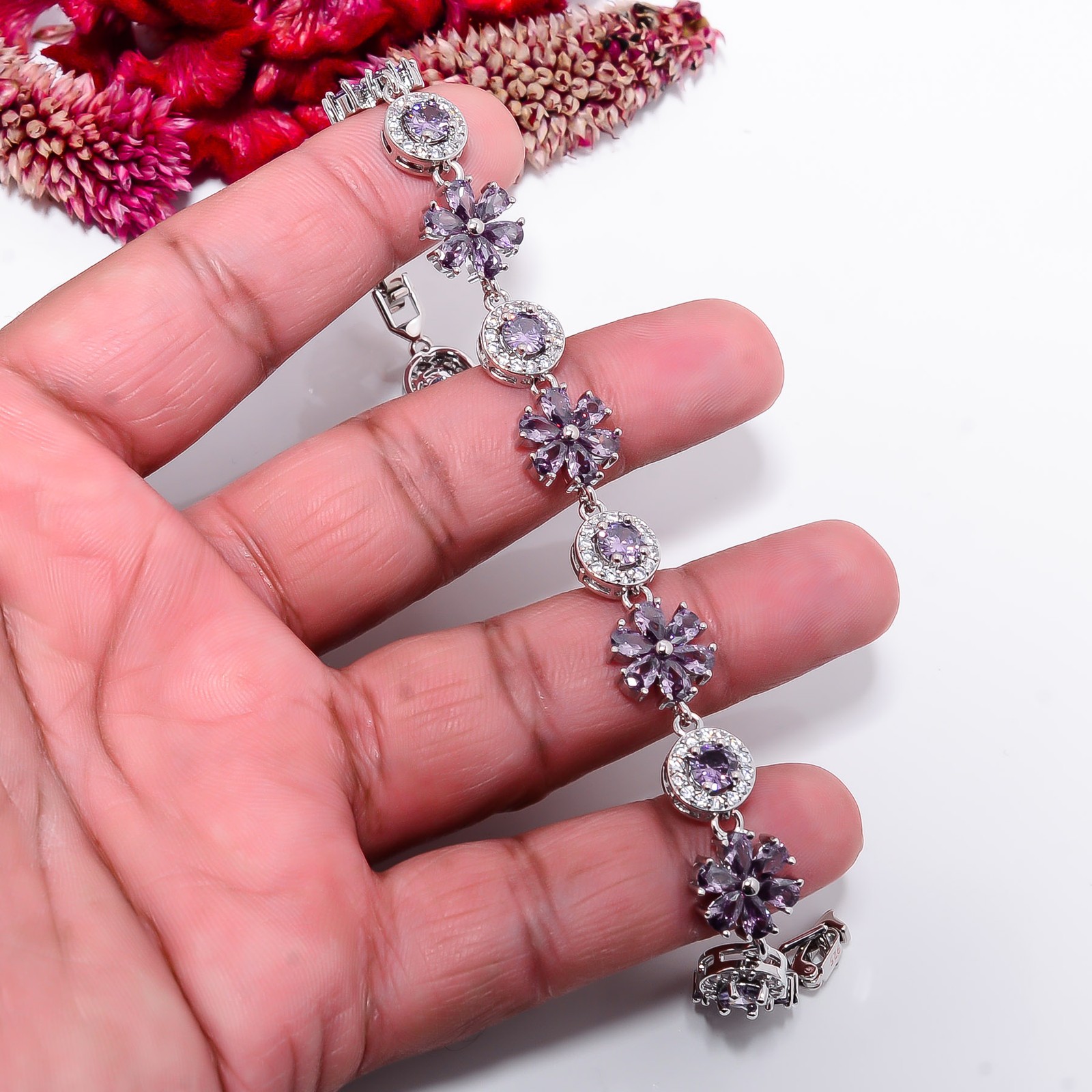 Purple Amethyst, CZ 925 Sterling Silver Adjustable Bracelet 7-8″ B134632