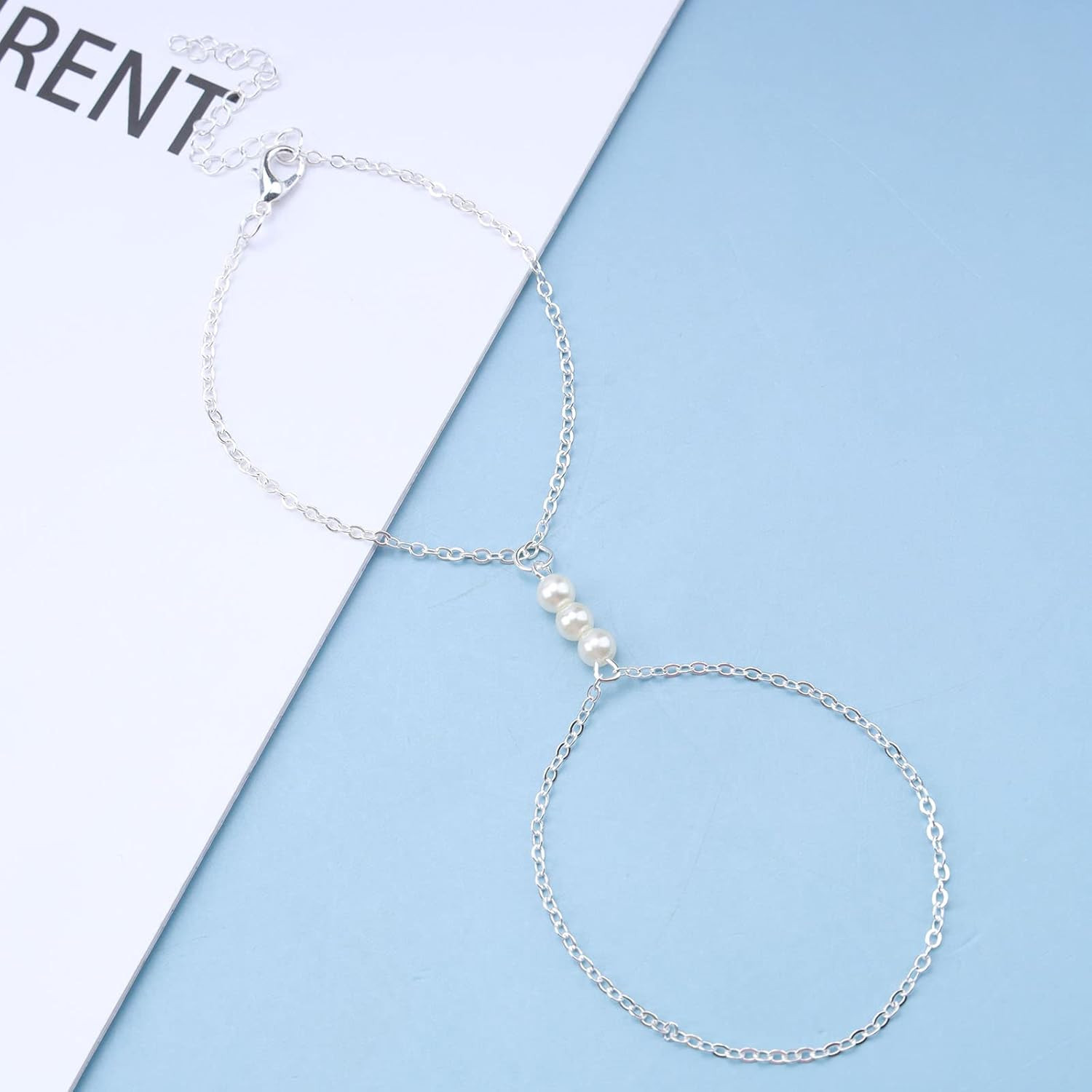 Boho Pearl Finger Ring Bracelet Silver Slave Chain Bracelet Minimalist Ring Wris