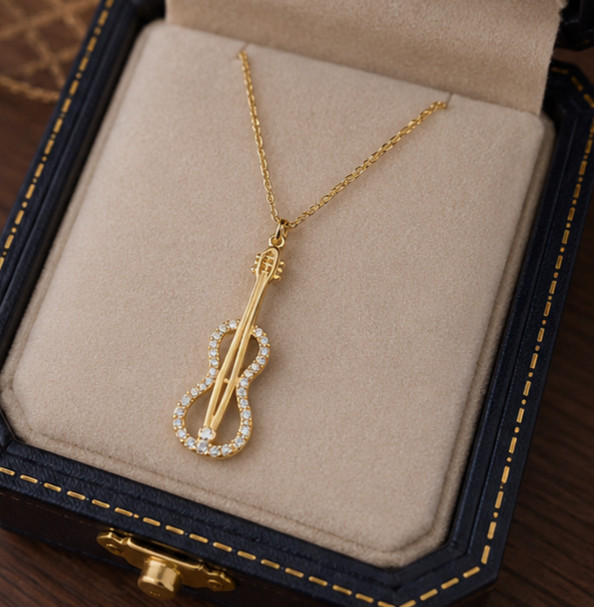 1.75 Ct Round Simulated Diamond Violin Pendant Necklace 14K Yellow Gold Plated