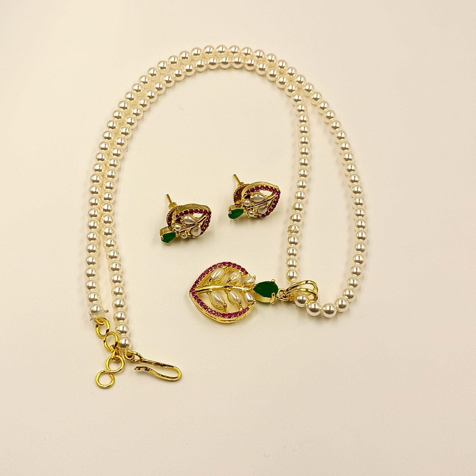 Ruby Emerald Pearl Pendant Set, 22k Gold Plated Traditional Indian Wedding Jewel