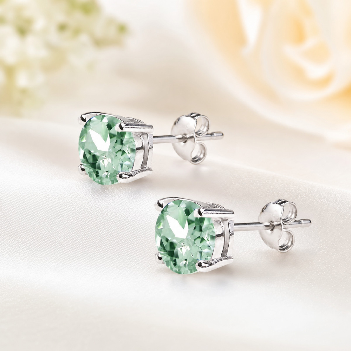 925 Sterling Silver Green Amethyst 6mm Round Stud Earrings 2.00ct Women Gift
