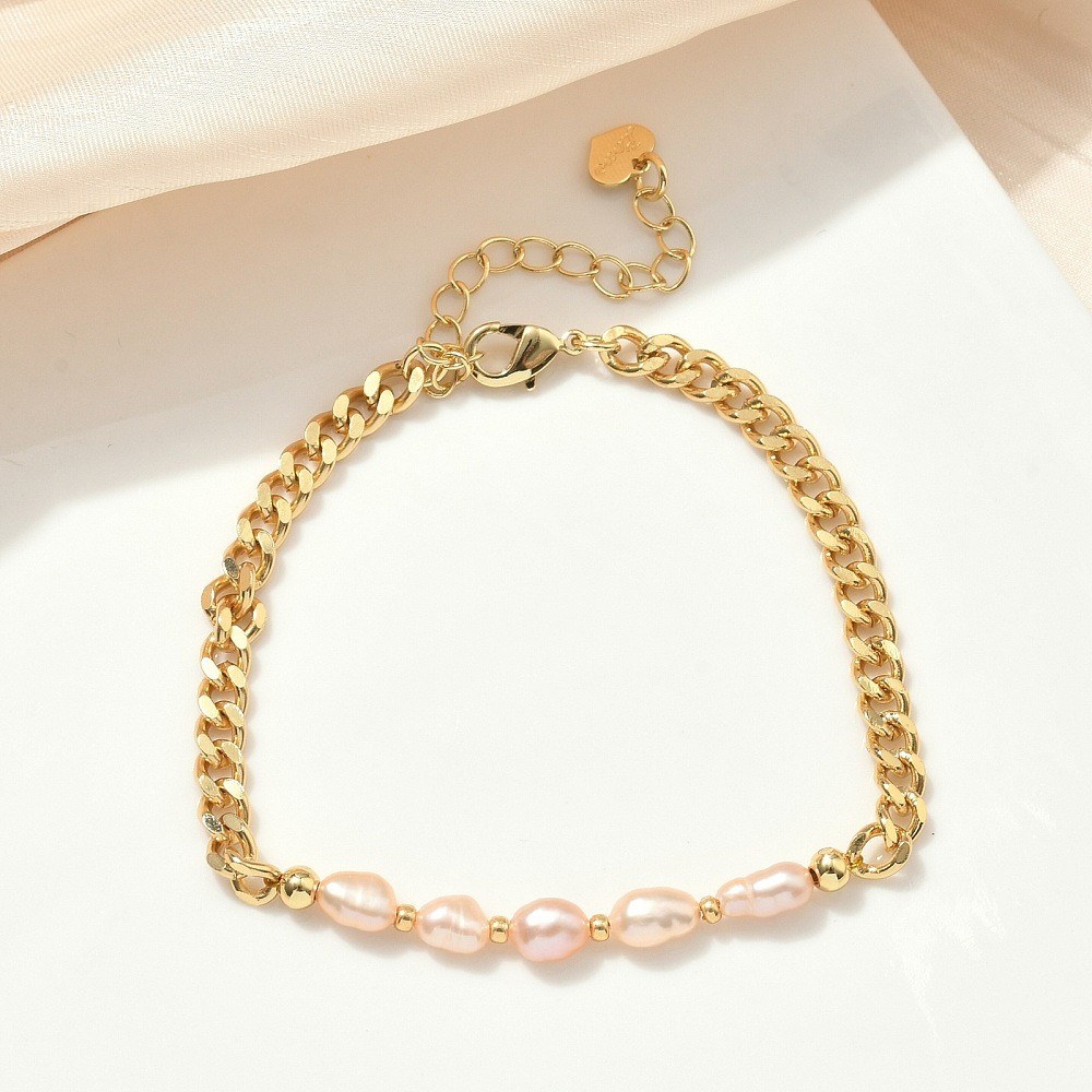 3pcs Pearl Beaded Link Bracelets Brass Cuban Link Chain Bracelet 18K Gold 16.5cm