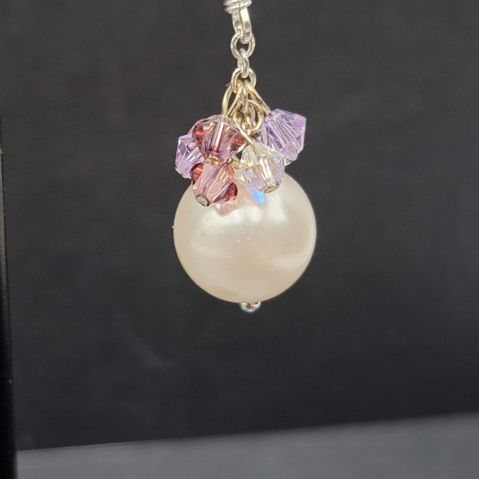 Pierced Earrings Purple Crystal Faux Pearl Beaded Dangle 1″