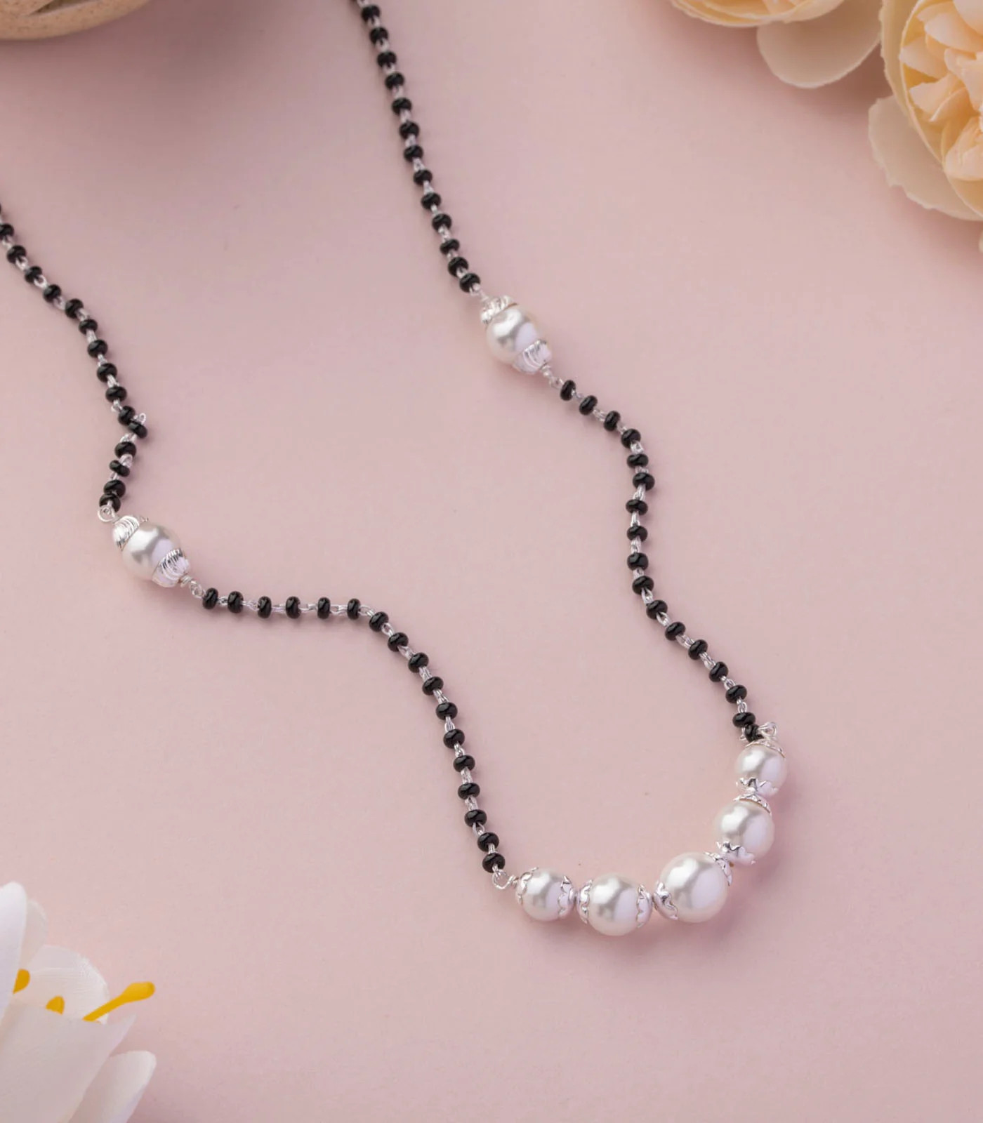 16″to30″925 sterling silver black beaded chain and pearl ball mangalsutra ms139