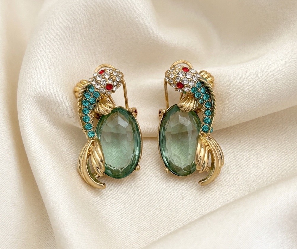 Art Deco Goldfish Fish Earrings VTG Gold Koi Gemstone Palace Revival Nouveau CZ