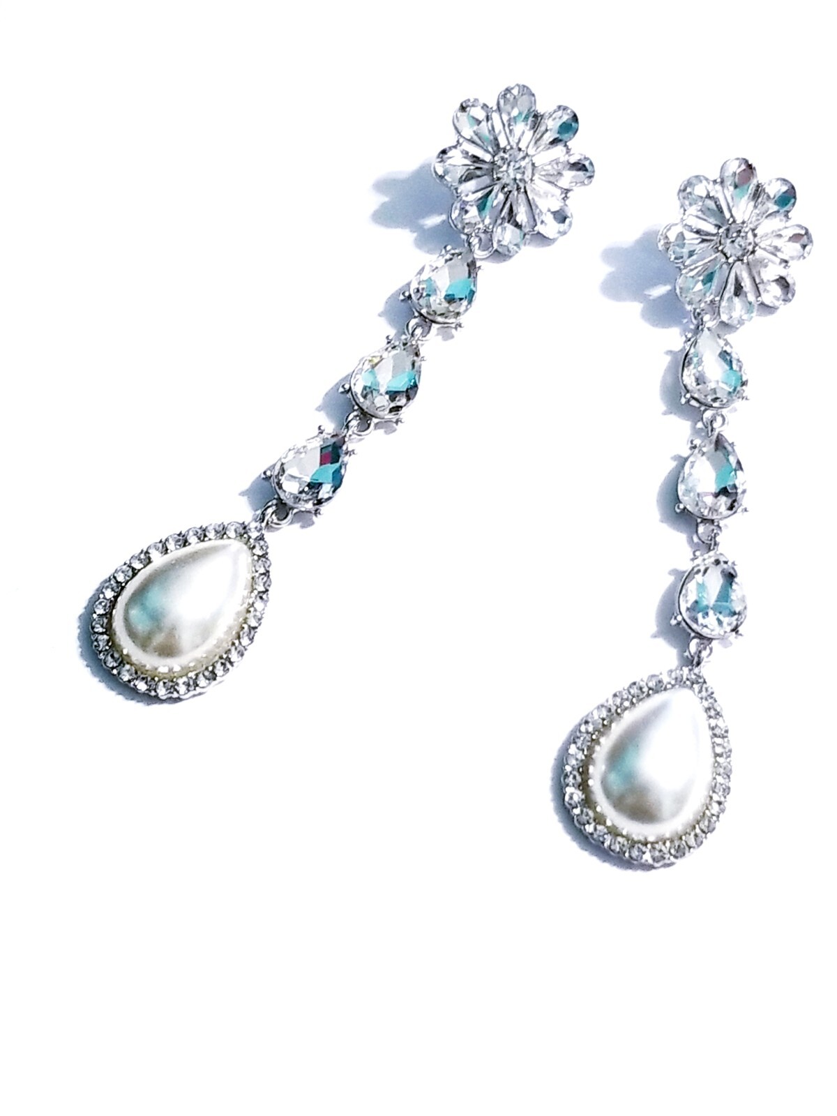 Created Pearl Dangle Chandelier Earrings 4.7 inch Clear Rhinestone Pageant Prom