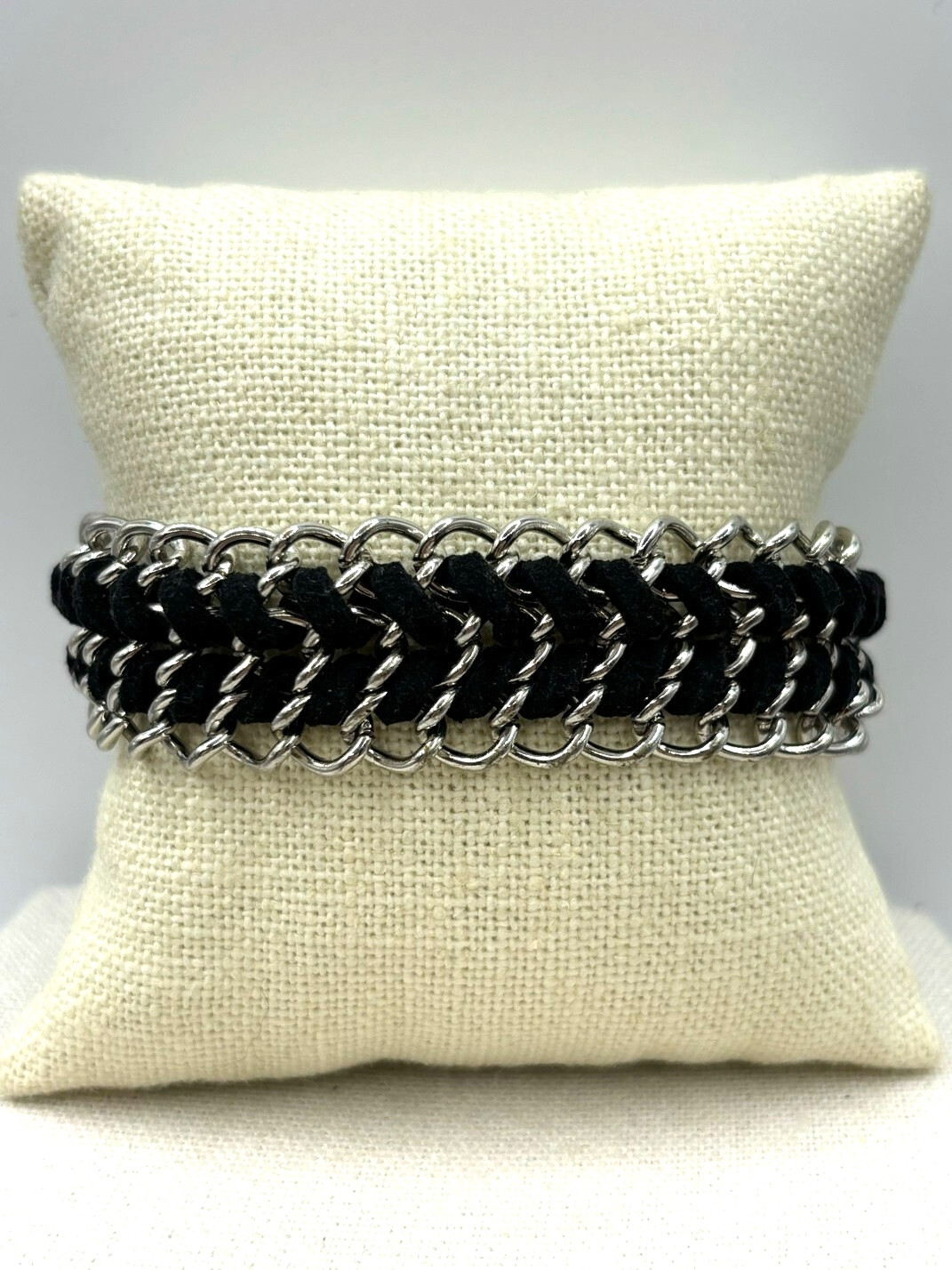 You And I Black Suede Silver Tone Weaved Chainmail Bracelet 9 Inch