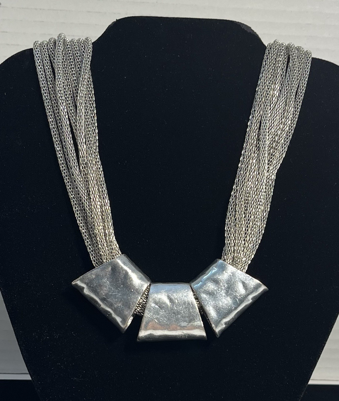 Silver-Toned Statement Necklace Multi-Strand Mesh Chains Trapezoid Pendants