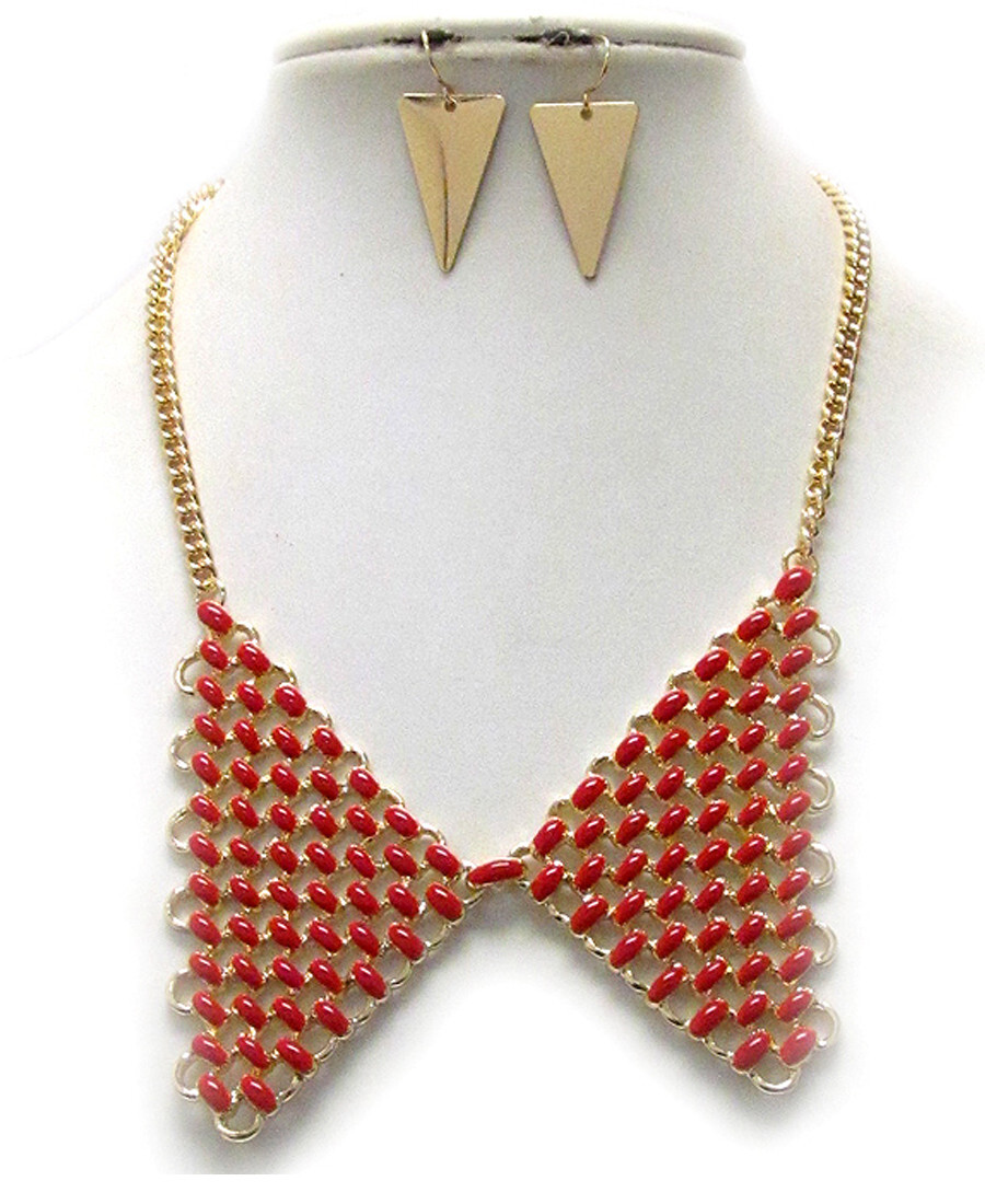Red Metal and Epoxy Collar Pendant Necklace and Earrings Set for Women