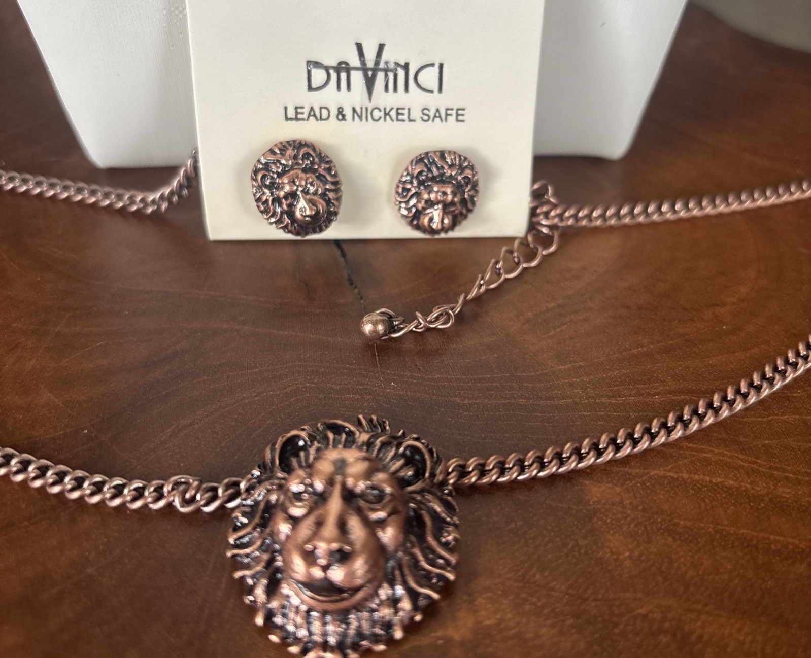 DaVinci Lion Head Bronze Necklace & Earring Set Unique NWT Up To 22” Necklace