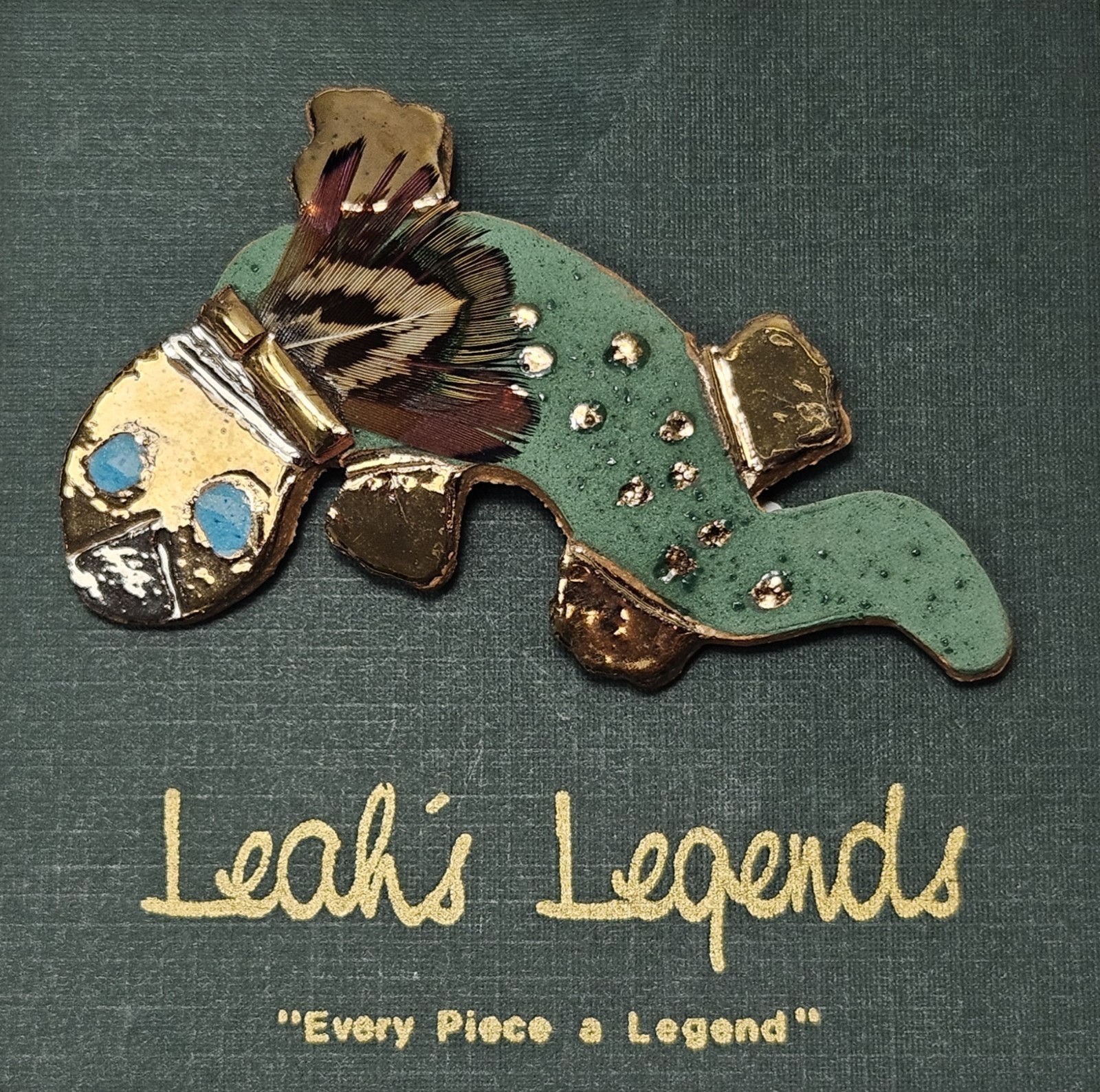 Leah’s Legends Brooch Lizard Feather Handmade Clay Green Aztec Gold Large