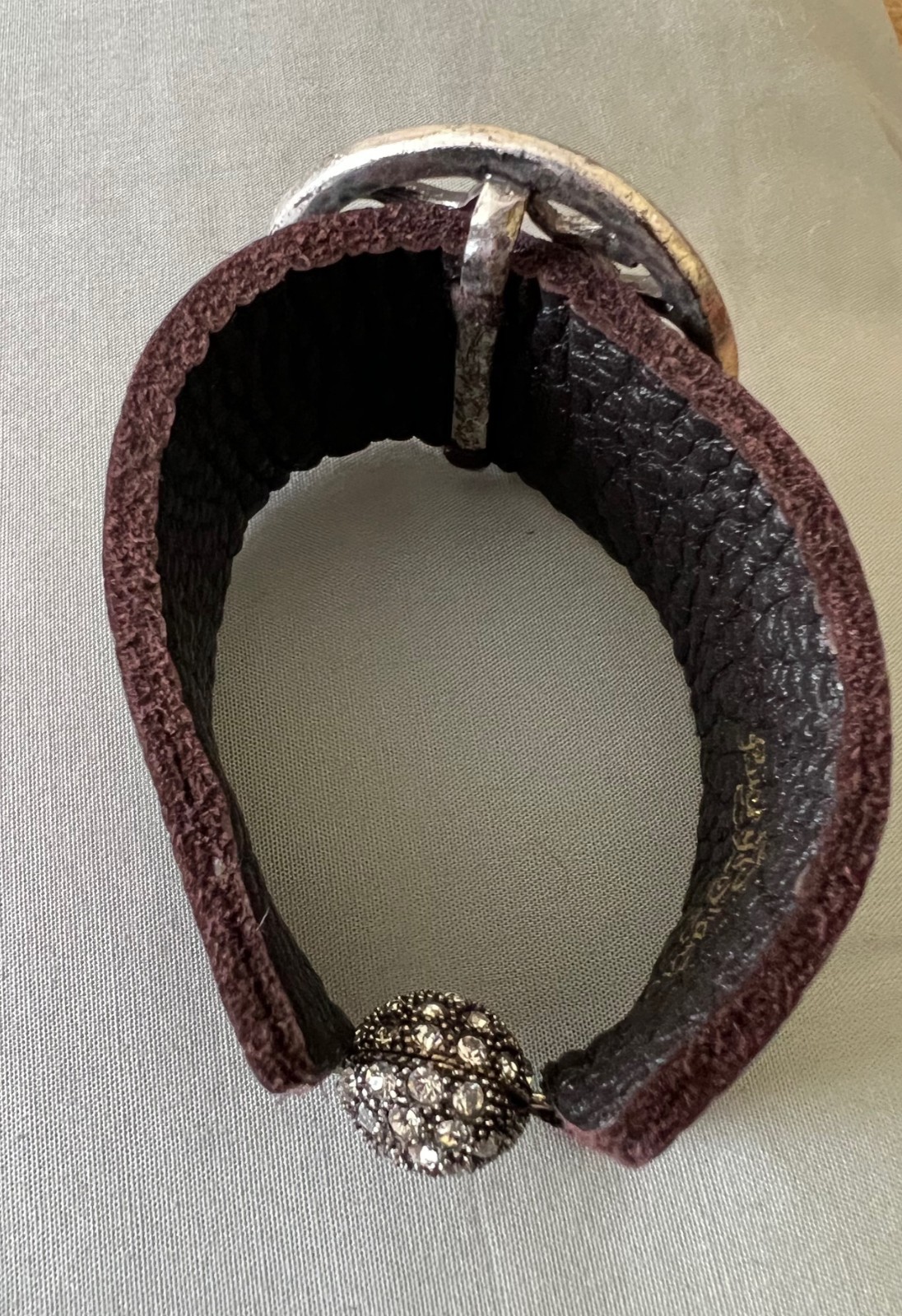 Lucky Brand Leather Rhinestone Floral Art Deco Magnetic Closure Bracelet