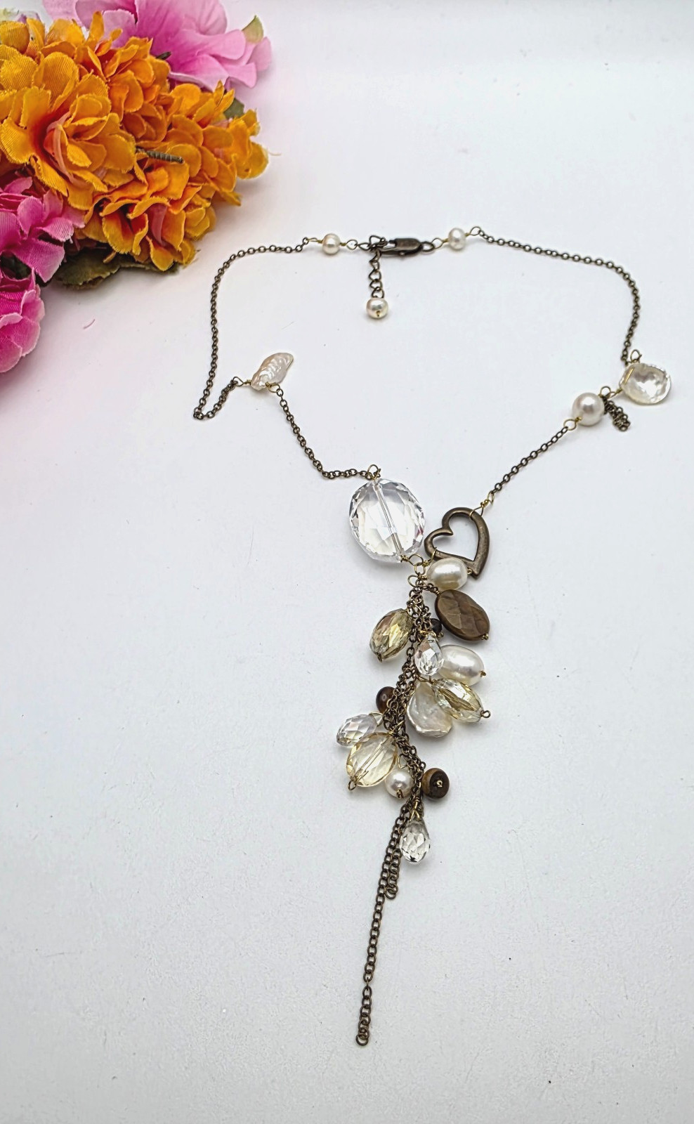 Pearl Tigers Eye And Crystal Tassel Necklace Brass Heart Charm 19 In Adj. Boho