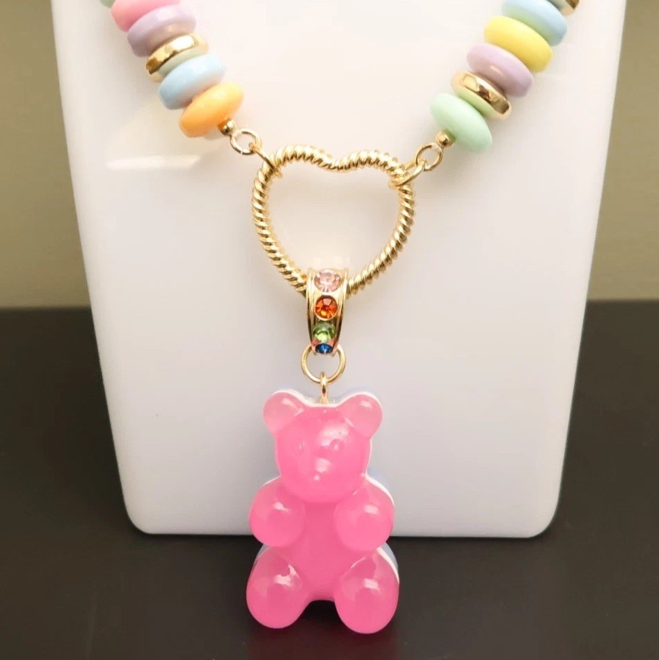 Betsey Johnson necklace gummy bear pink colorful candy style signed goldtone
