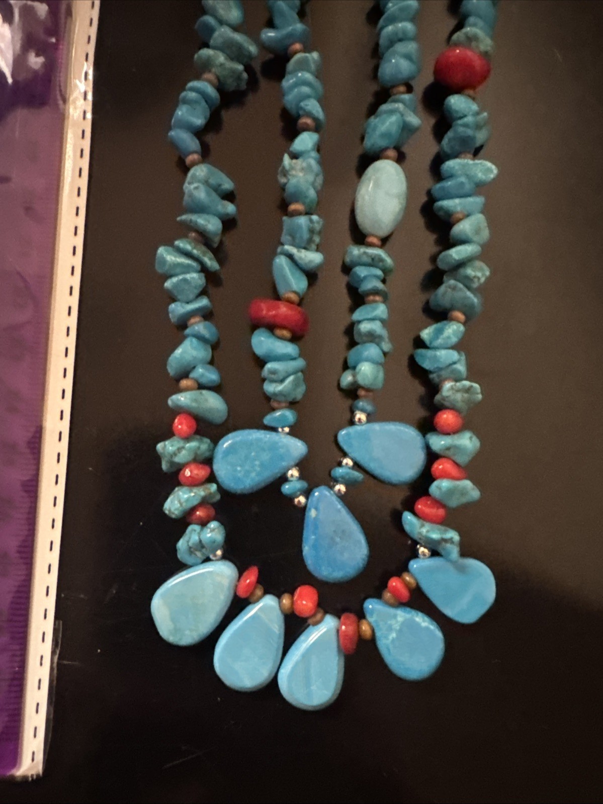 Red Coral And Turquoise Double Stranded Beaded Necklace