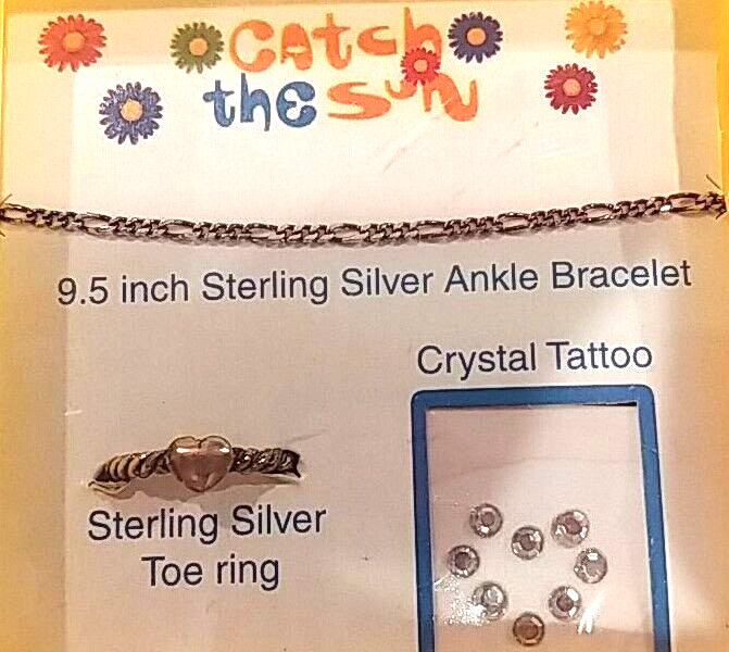 SOLID 92.5 % Sterling Silver 9.5 in Ankle Bracelet and Toe Ring Set Gift