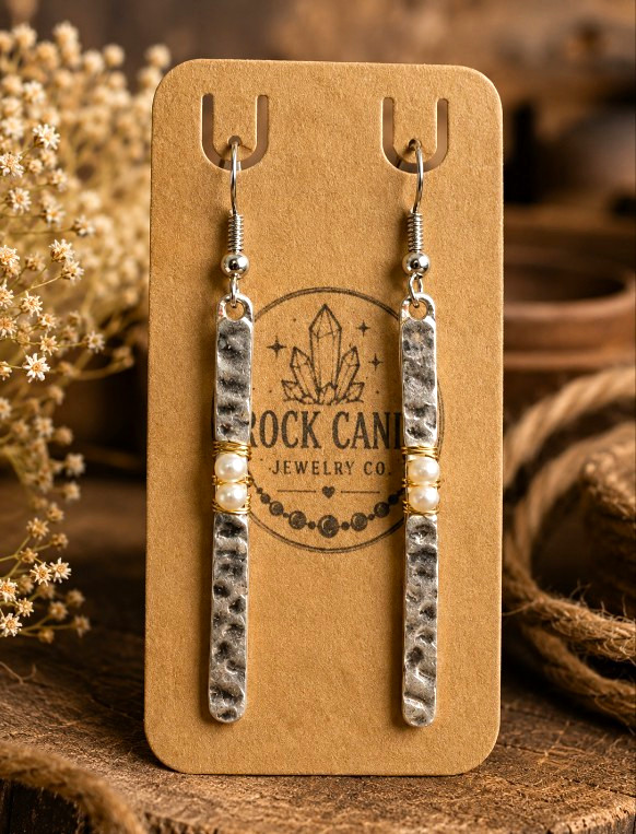 Handmade Rock Candy Jewelry Co Hammered Bar Freshwater Pearl Earrings