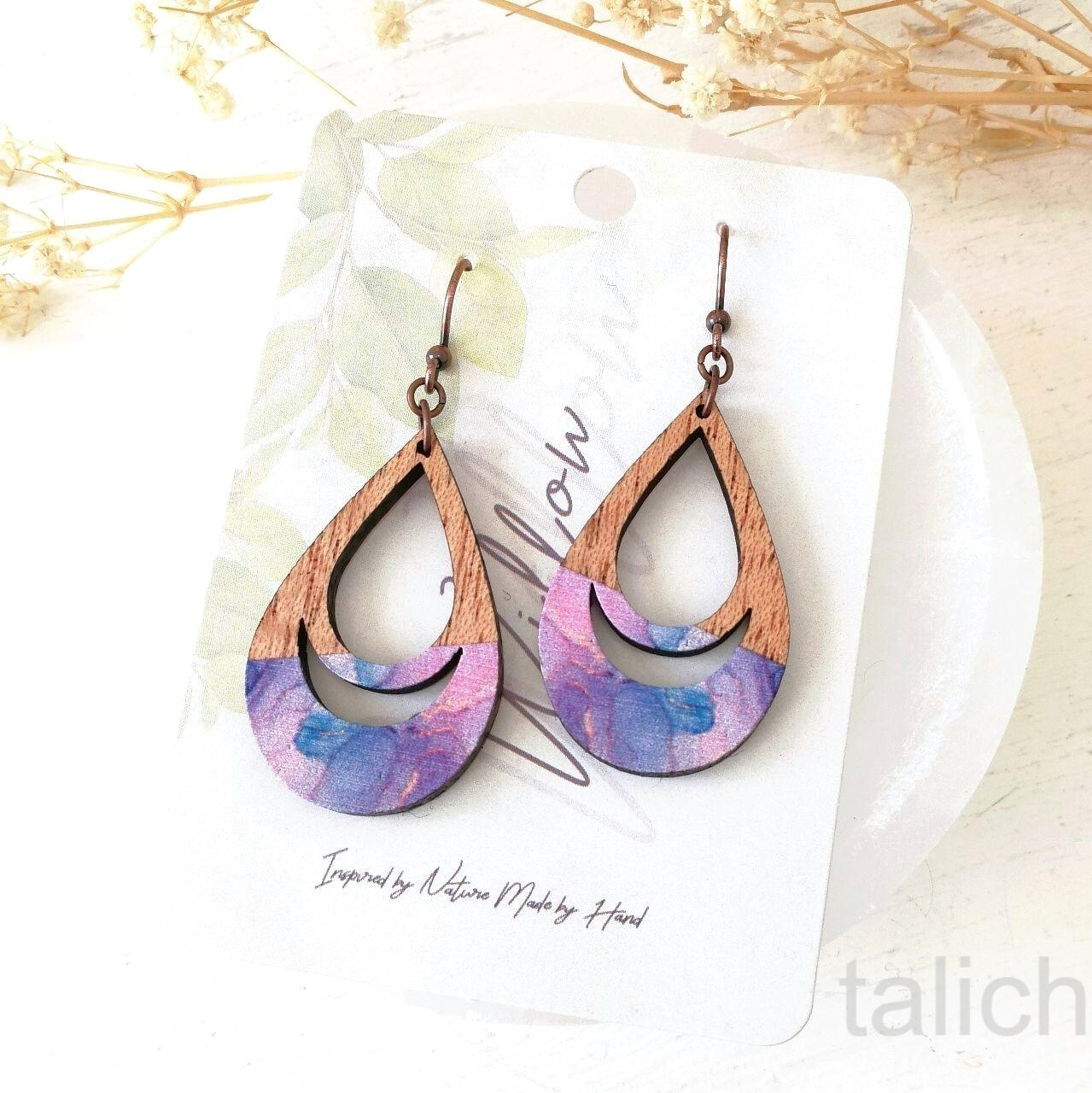 DC Designs Cutout Mahogany Wood Teardrop Earrings Pink Purple Art Print D43M