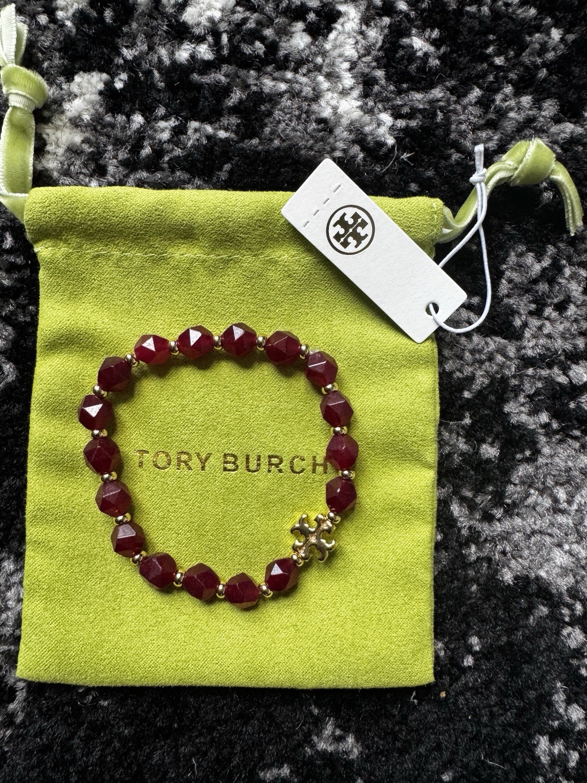 Tory Burch Red Beaded Ball Chain Bracelet Gold Tone Logo Dangle Charm No Clasp