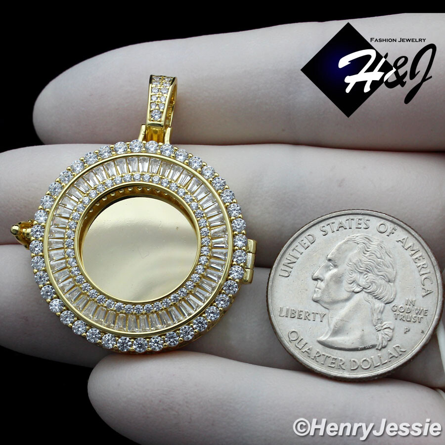 925 STERLING SILVER CUBIC ZIRCONIA GOLD PALTED PHOTO LOCKET ROUND PENDANT*GP317