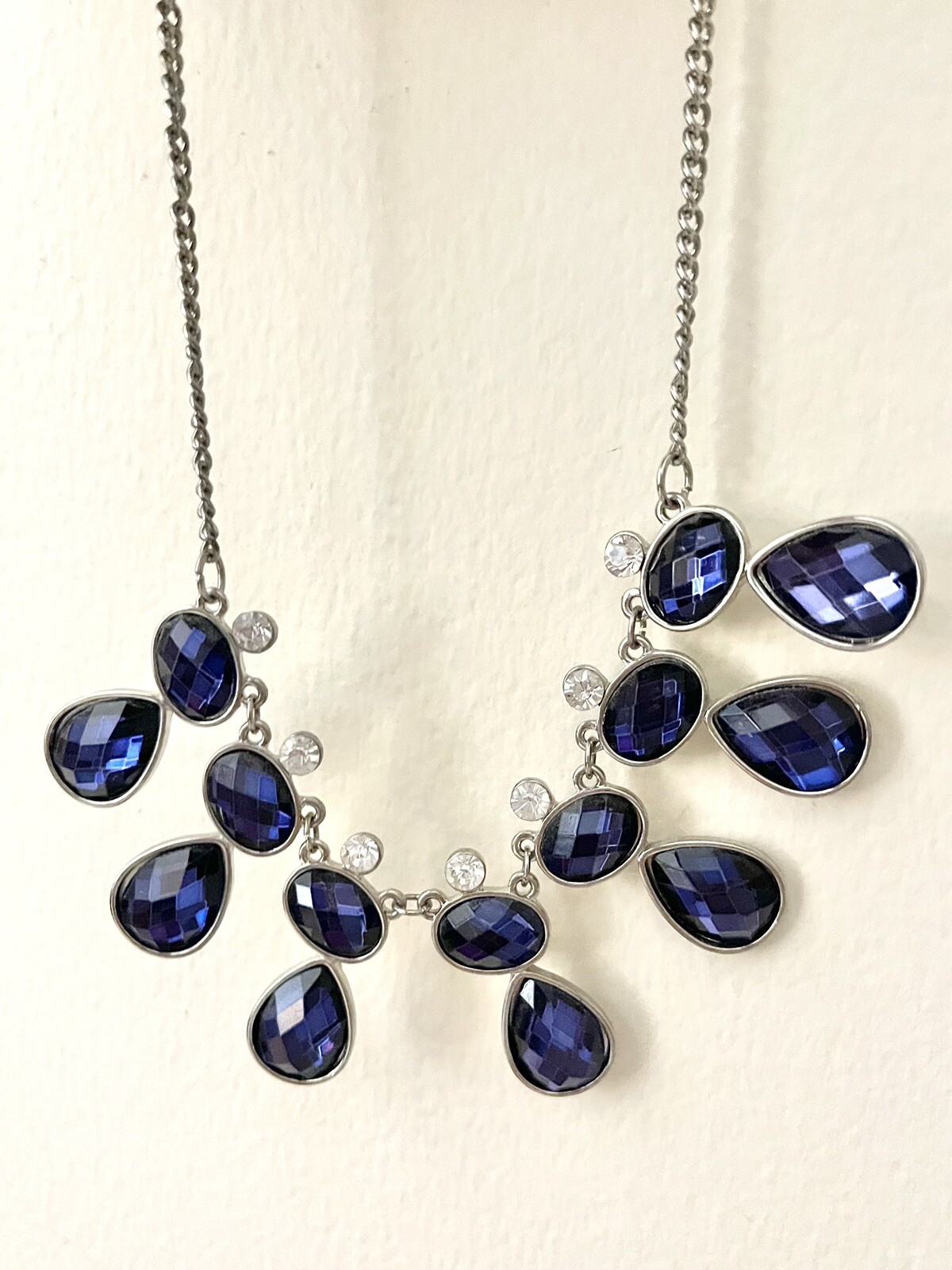 Navy Blue Cascading Waterfall Statement Fashion Costume Jewelry Necklacee w Box