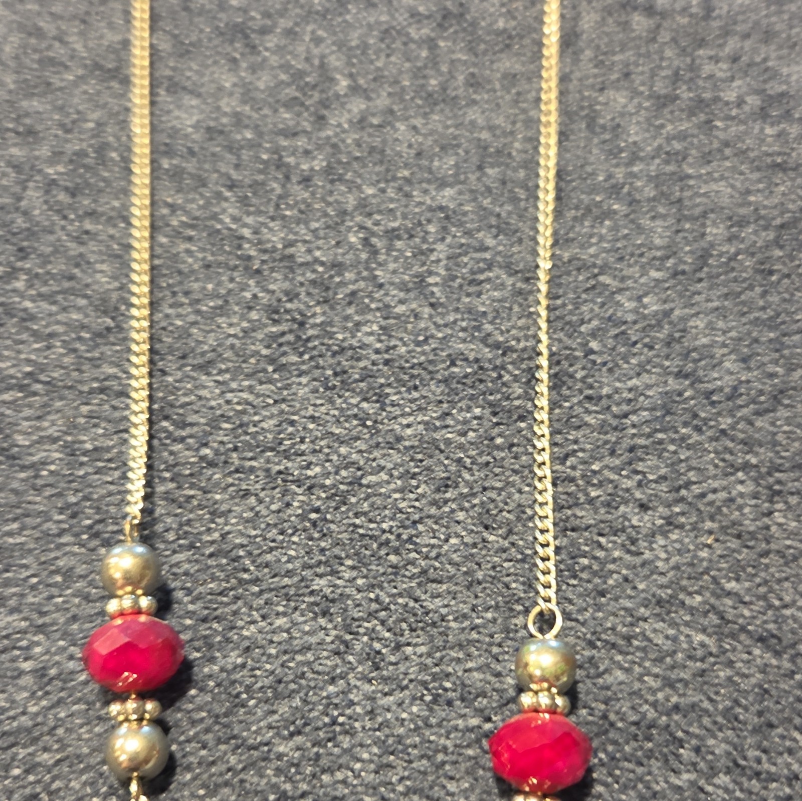 Gold Tone Cable Chain Necklace Red Round Crystal Beads Tassel Pendant