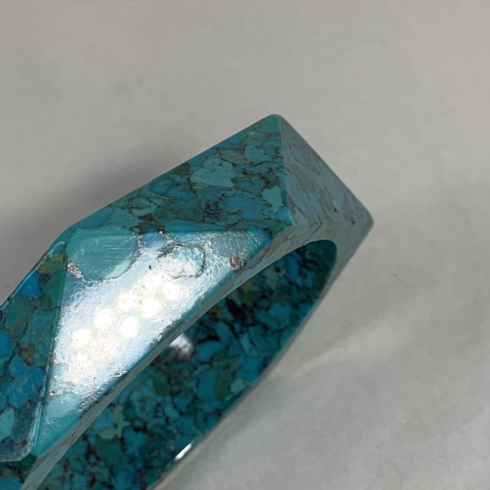 Carved Composite Stone Turquoise Bangle Bracelet Faceted Green Blue 8″