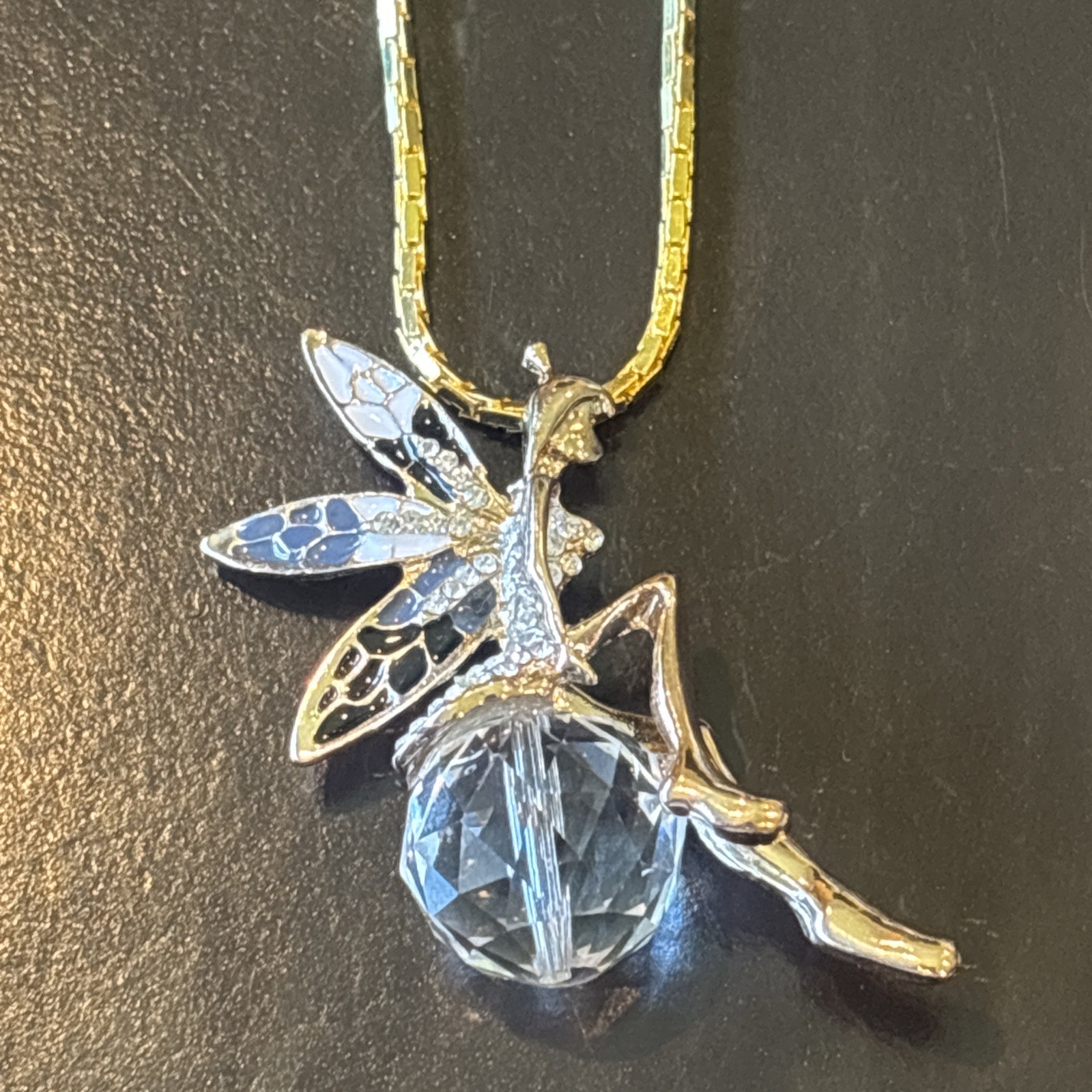Fairy Pixie Pendant Necklace Black White Enamel Wings Crystal Orb Gold Tone 14”