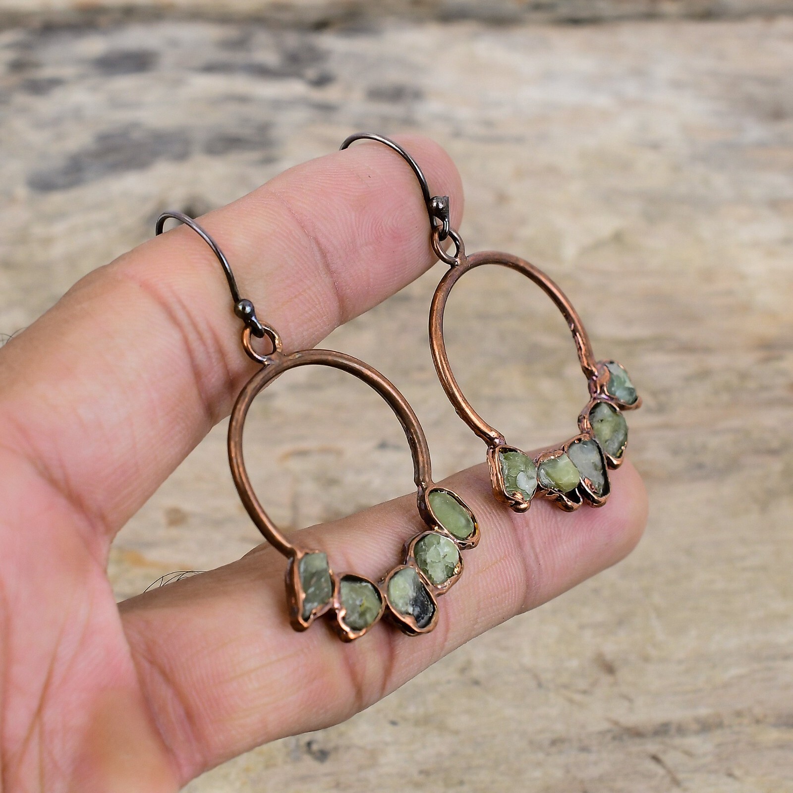 Green Tourmaline Rough Electroformed Earrings Handcrafted Copper Holiday 2.17″