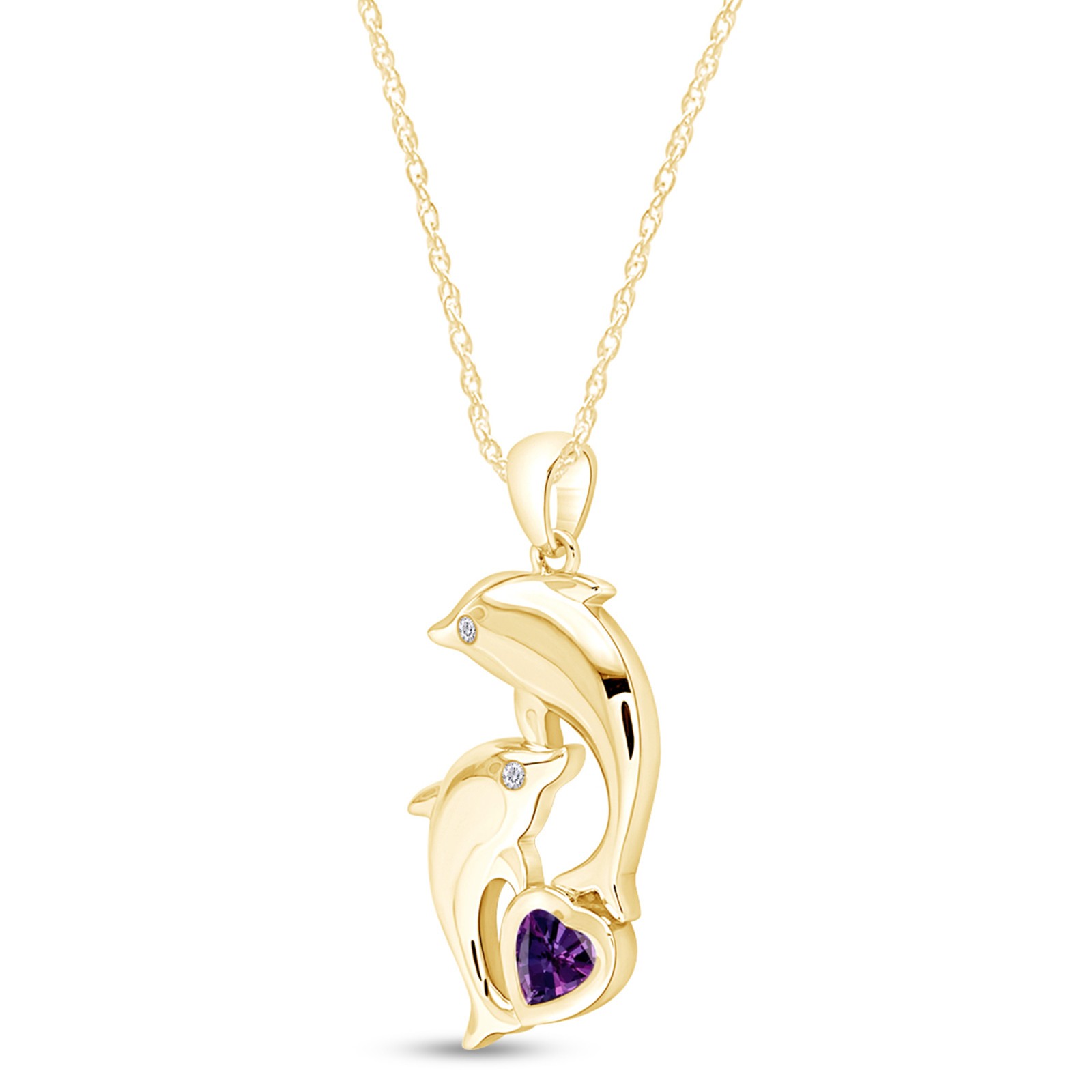 Dolphin Pendant Necklace 18″ Simulated Amethyst 14K Yellow Gold Plated Sterling