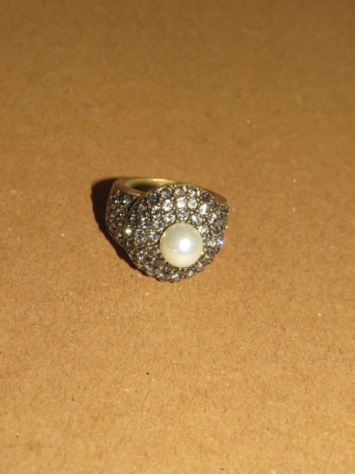HEIDI DAUS Bronze Tone Pave Rhinestone Faux Pearl Dome Ring SZ 6.5 to 7 NEW