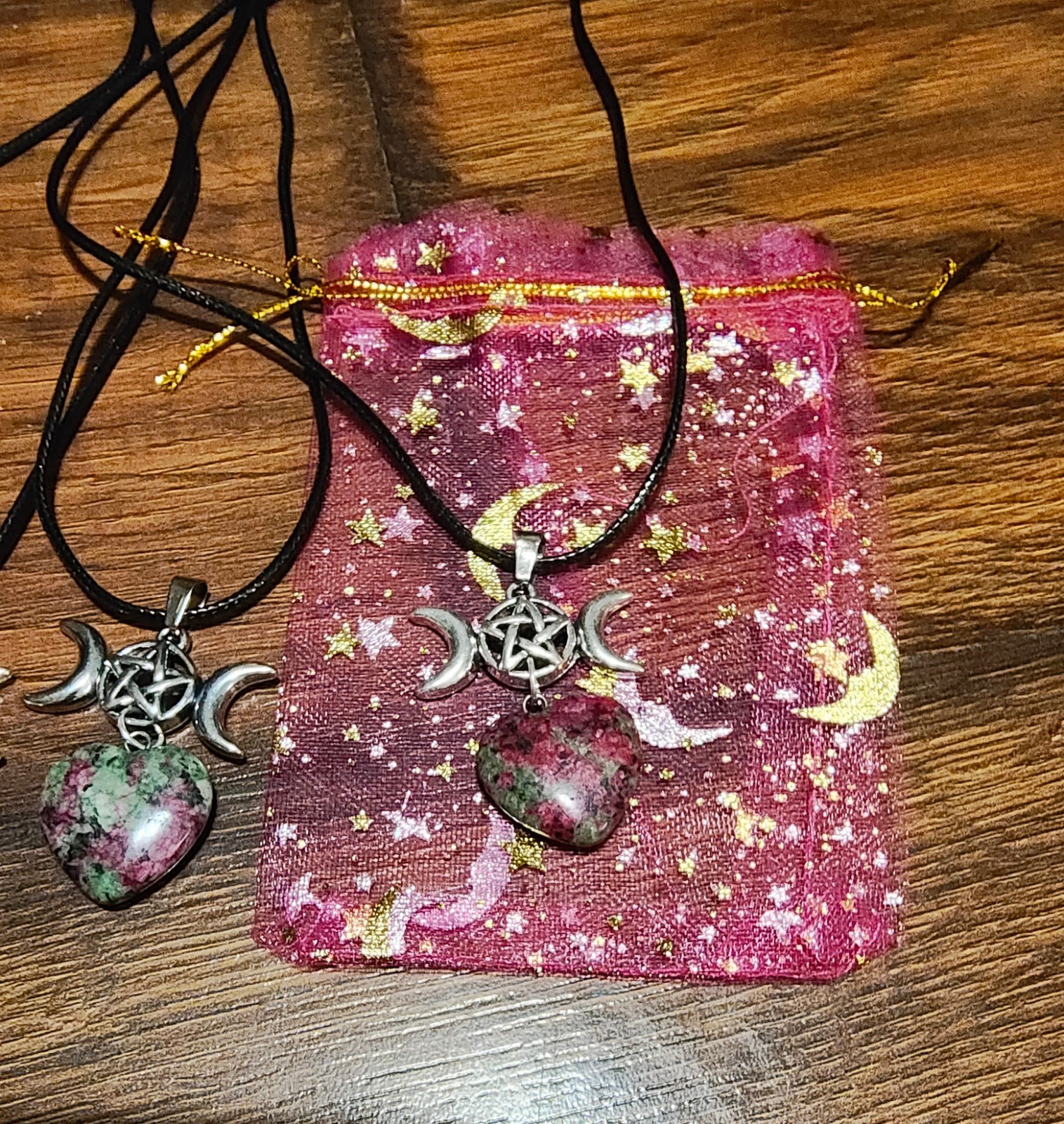 Ruby in Zoisite Heart Gemstone Triple Moon Goddess Necklace ST