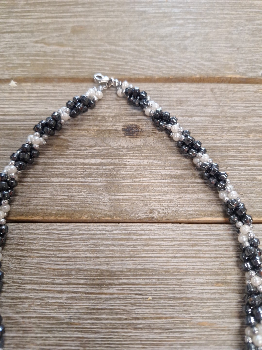 White and Black Beaded Rope Necklace sz 17in