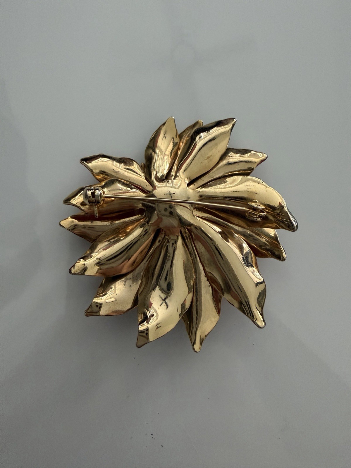 Vintage Red & Green Enamel Flower Brooch Pin, Gold Tone Metal with Crystals
