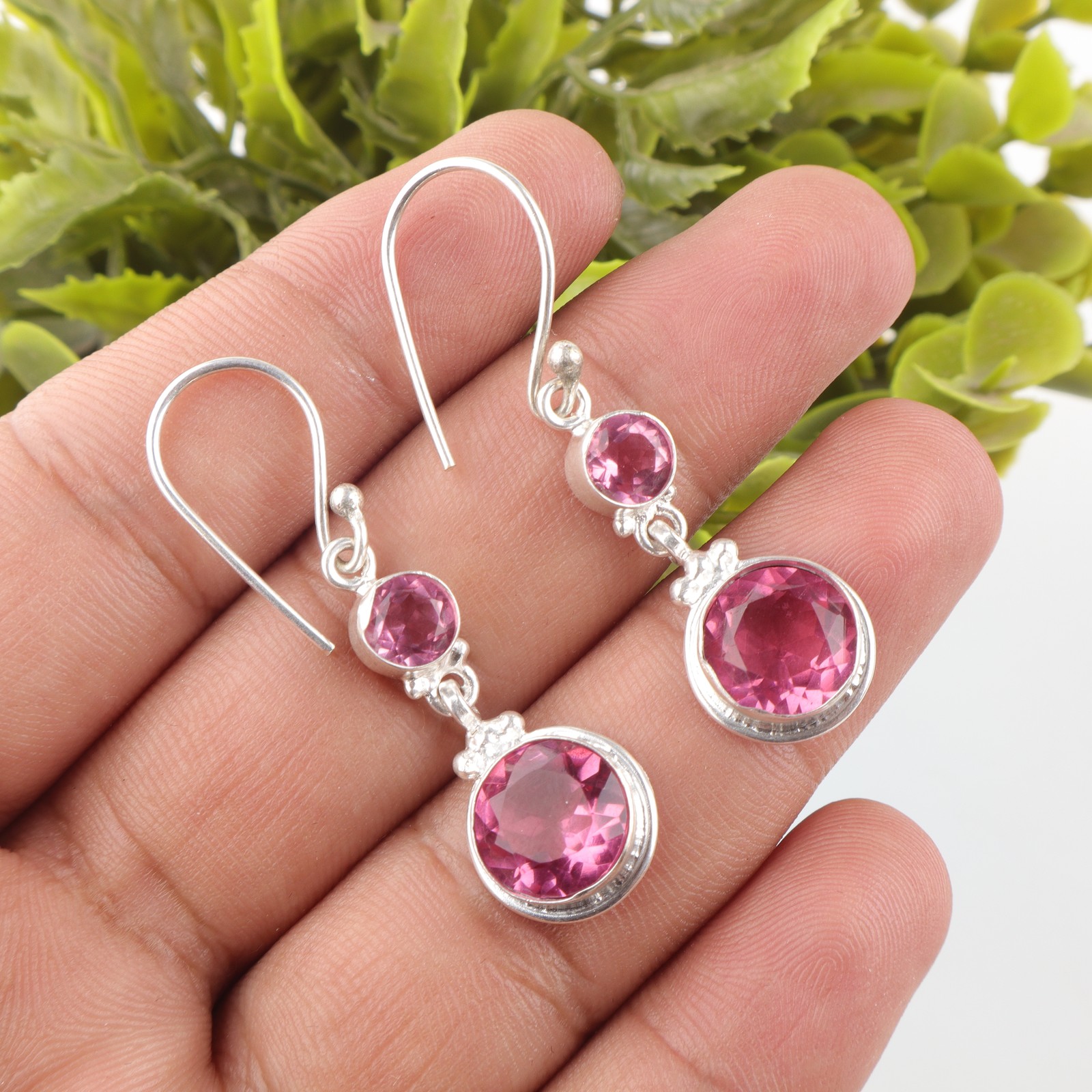 925 Silver Pink Tourmaline Stone Dangling Heart Chakra Elegant Mother Earrings
