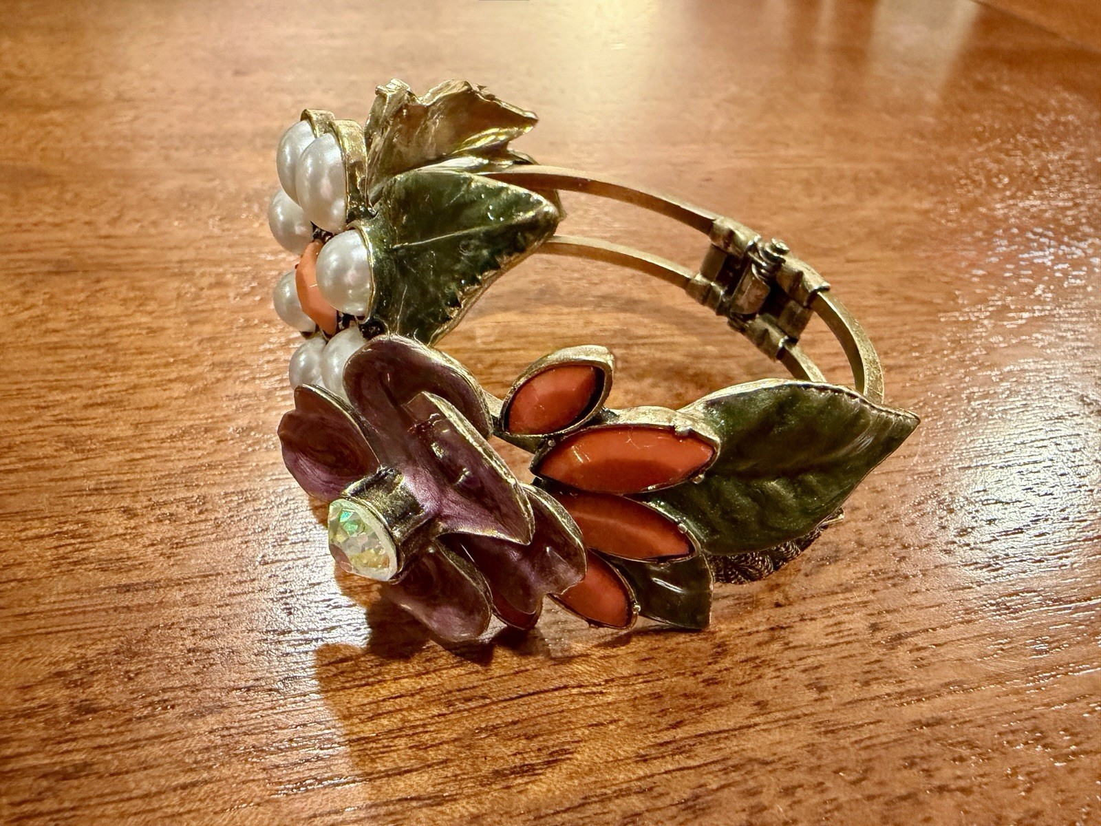 Vintage Floral Hinged Bracelet Statement Clamper Enamel Flowers Faux Pearls