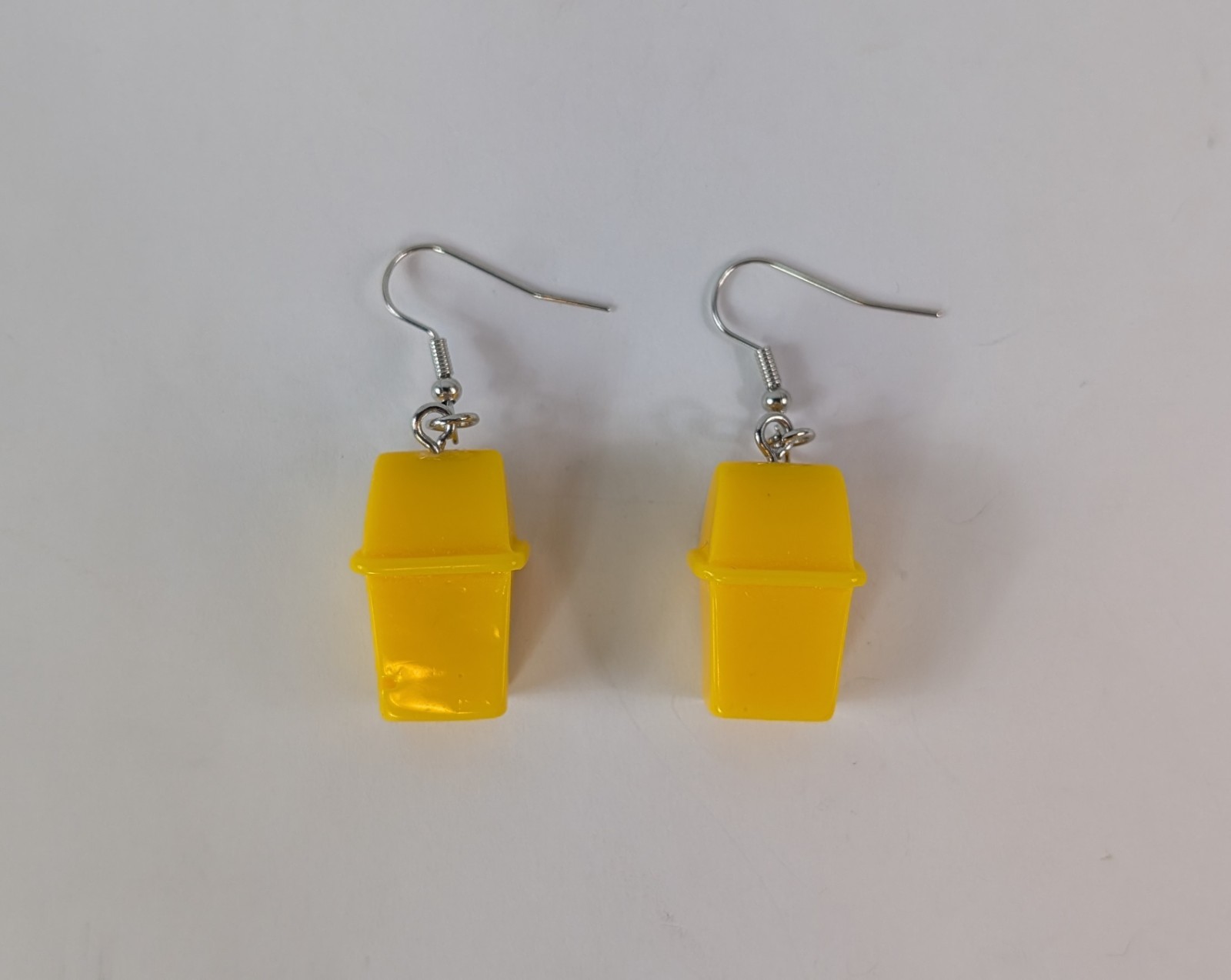 3D Yellow Black Trashcan Silver Tone Hook Dangle Drop Pierced Earrings Novelty