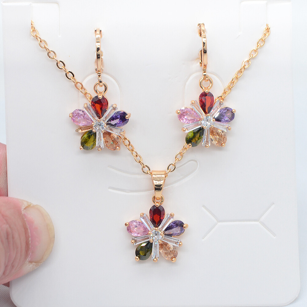 18K Yellow Gold Filled Women Multicolor Topaz Flower Jewelry Set for Anniversary