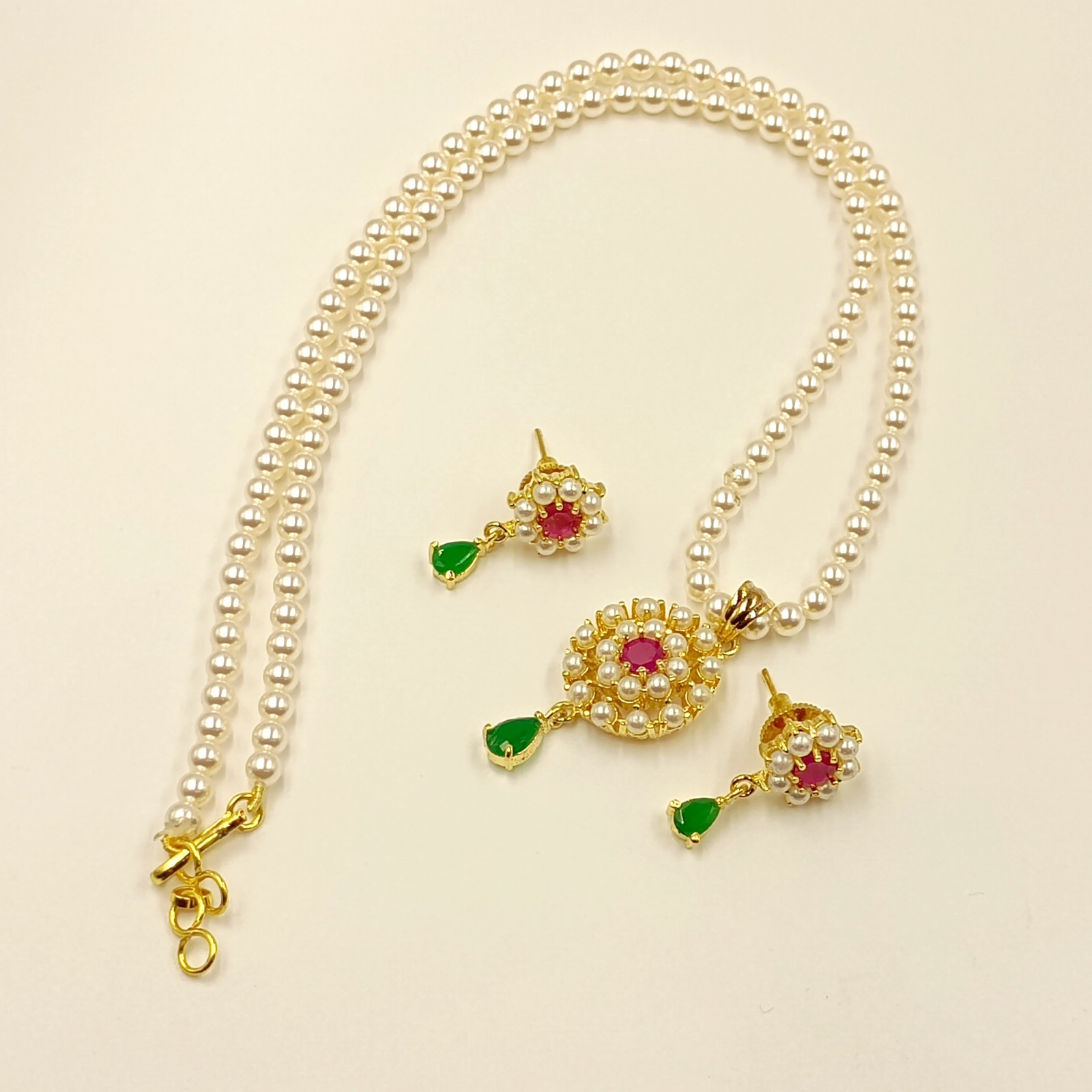 Traditional Indian Pendant Set, Ruby Emerald & Pearl 22k Gold Plated Jewelry Gif