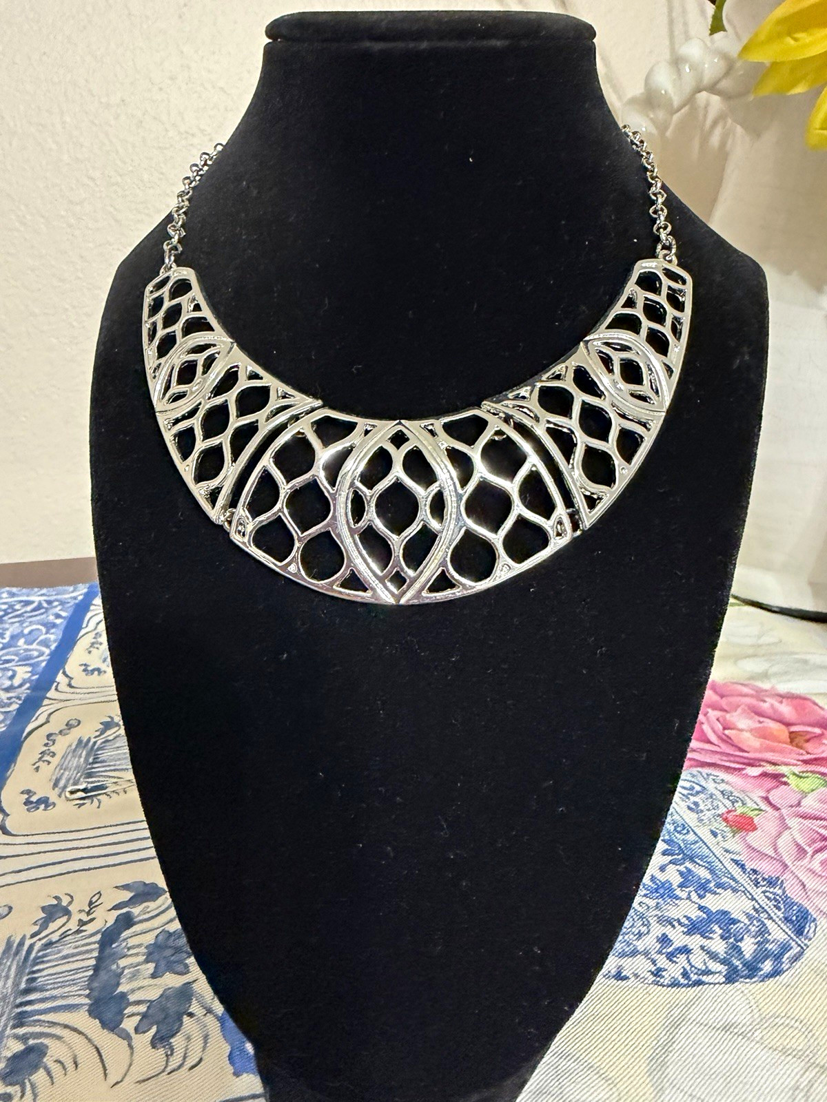 Silver Tone Openwork Statement Collar Bib Necklace, Metal, No Stone