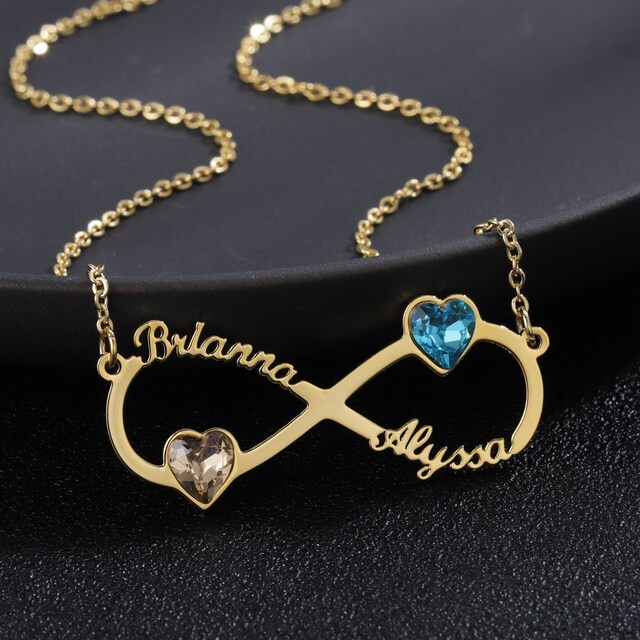 Custom Two Names Birthstone Infinity Shape Necklace Heart Engagement Jewelry