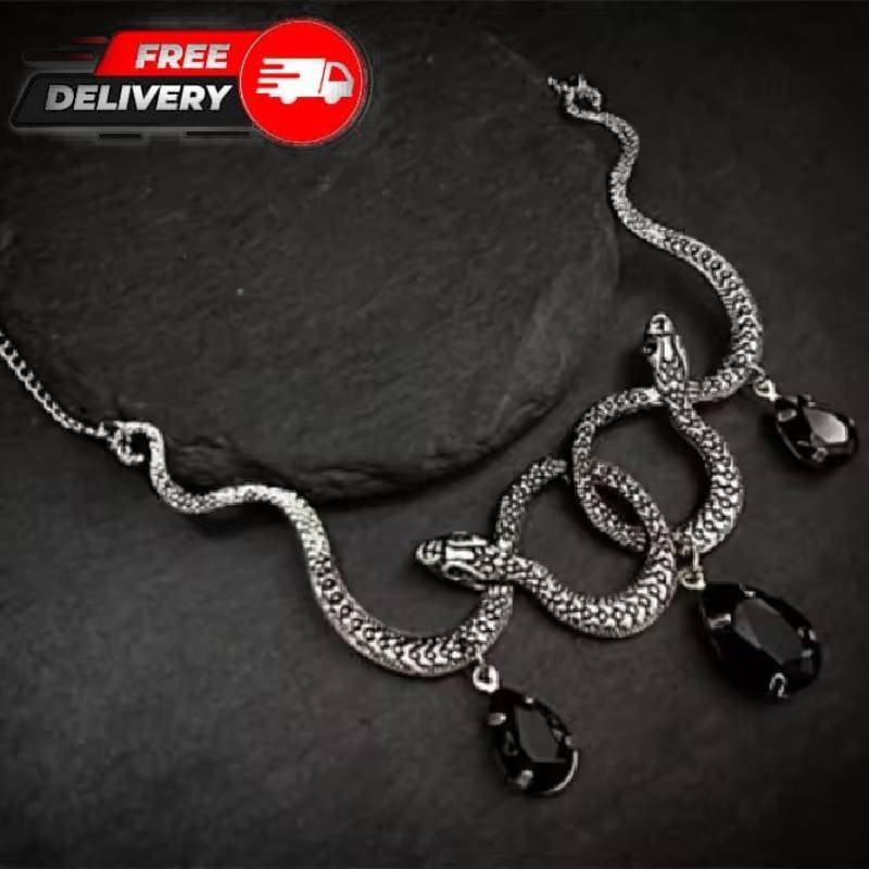Silver Snake Pendant Black Crystal Necklace Gothic Punk Jewelry