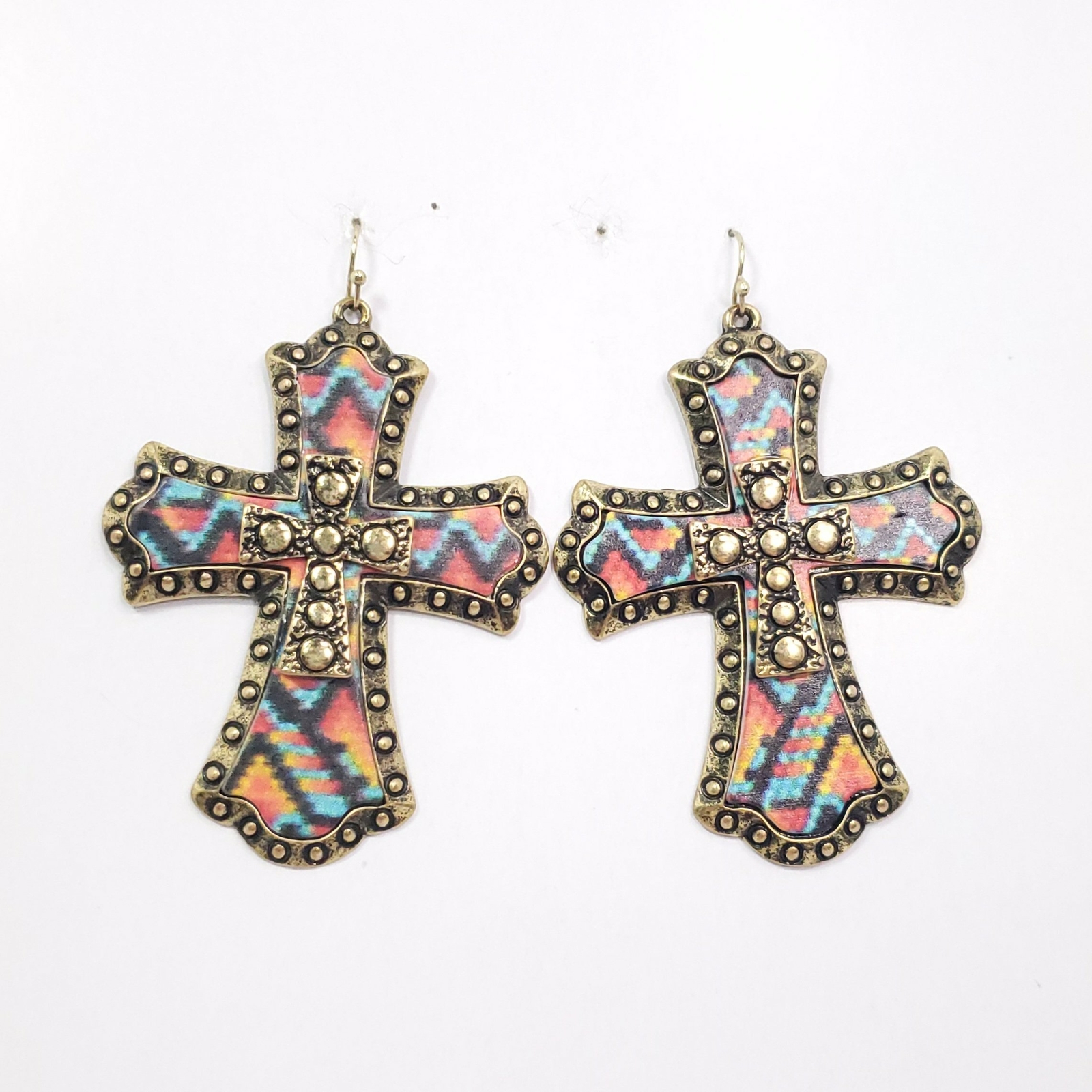 I03 Antique Gold Tone Metal Cross Shape Drop Dangle Hook Earrings
