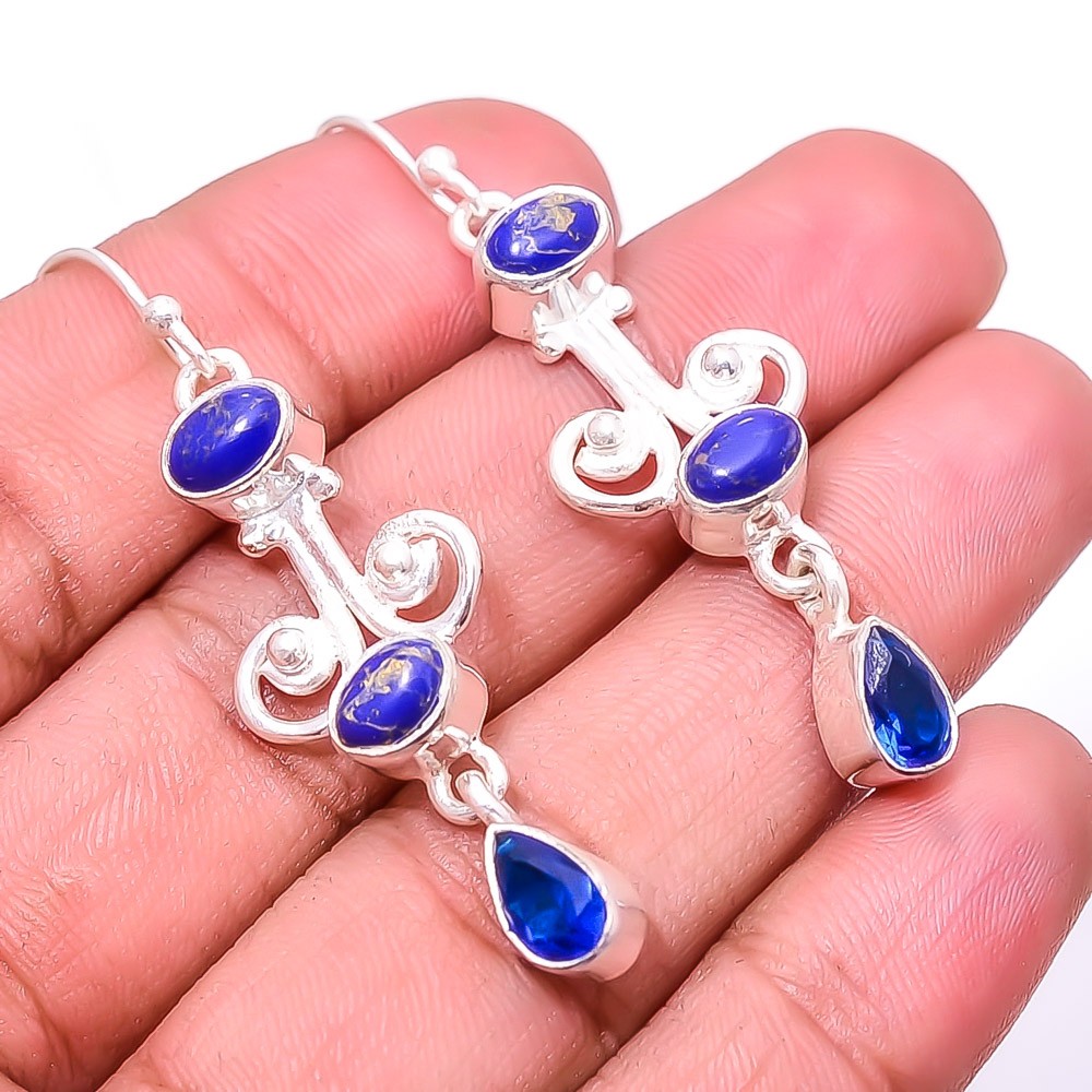 Copper Lapis Lazuli, Sapphire Multi Collet Simulated 925 Silver Earring 2.15″ E3