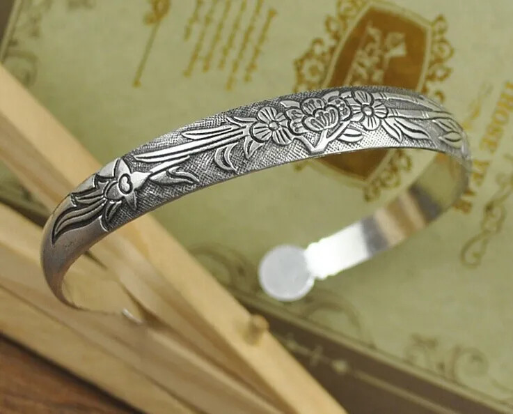 Classi Cuff Bracelet Tibetan Silver Plated Carved Flower Animal Opening Bangle