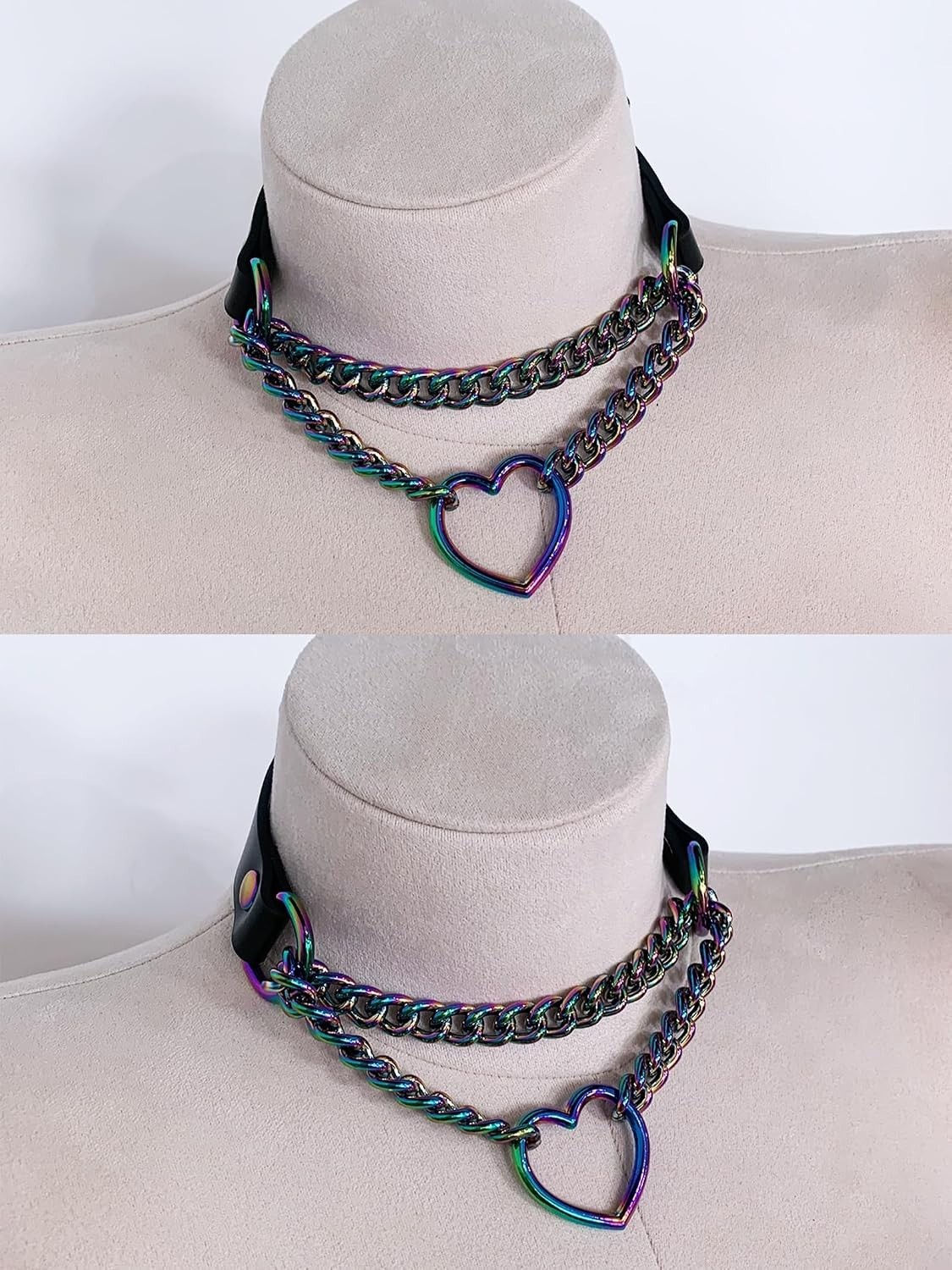 Unique Black Leather Choker with Rainbow Heart Ring, Adjustable Fit