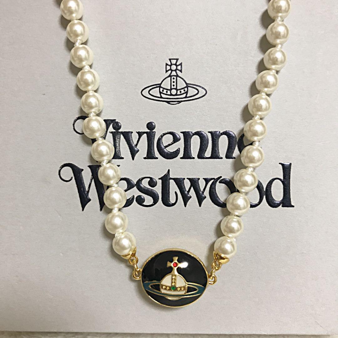 Vivienne Westwood Necklace Enamel Pearl Choker Black x Gold 40cm IN BOX